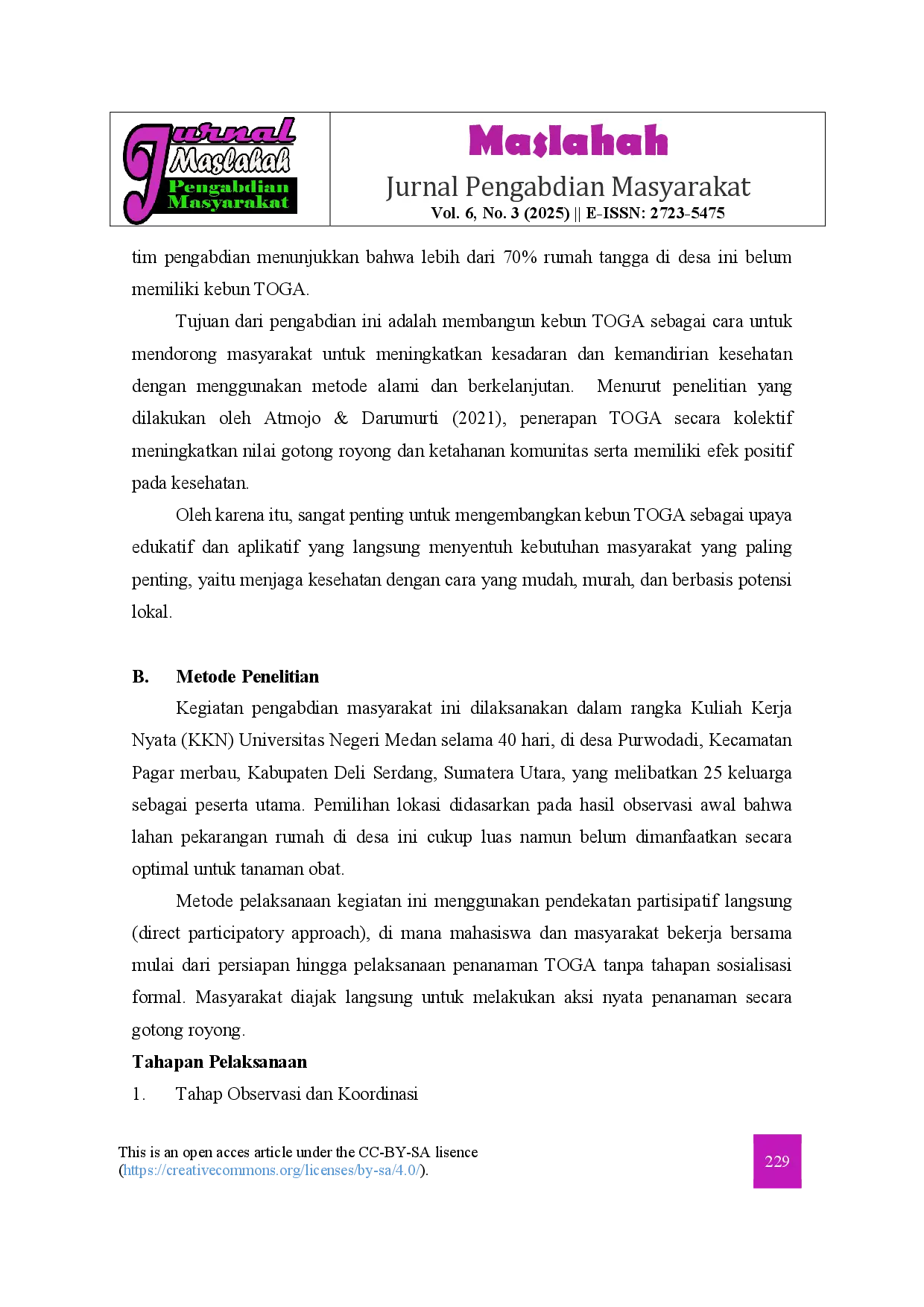 juris Pemanfaatan Tanaman Obat Keluarga TOGA sebagai Upaya Peningkatan Kesehatan Mandiri Masyarakat Desa Purwodadi