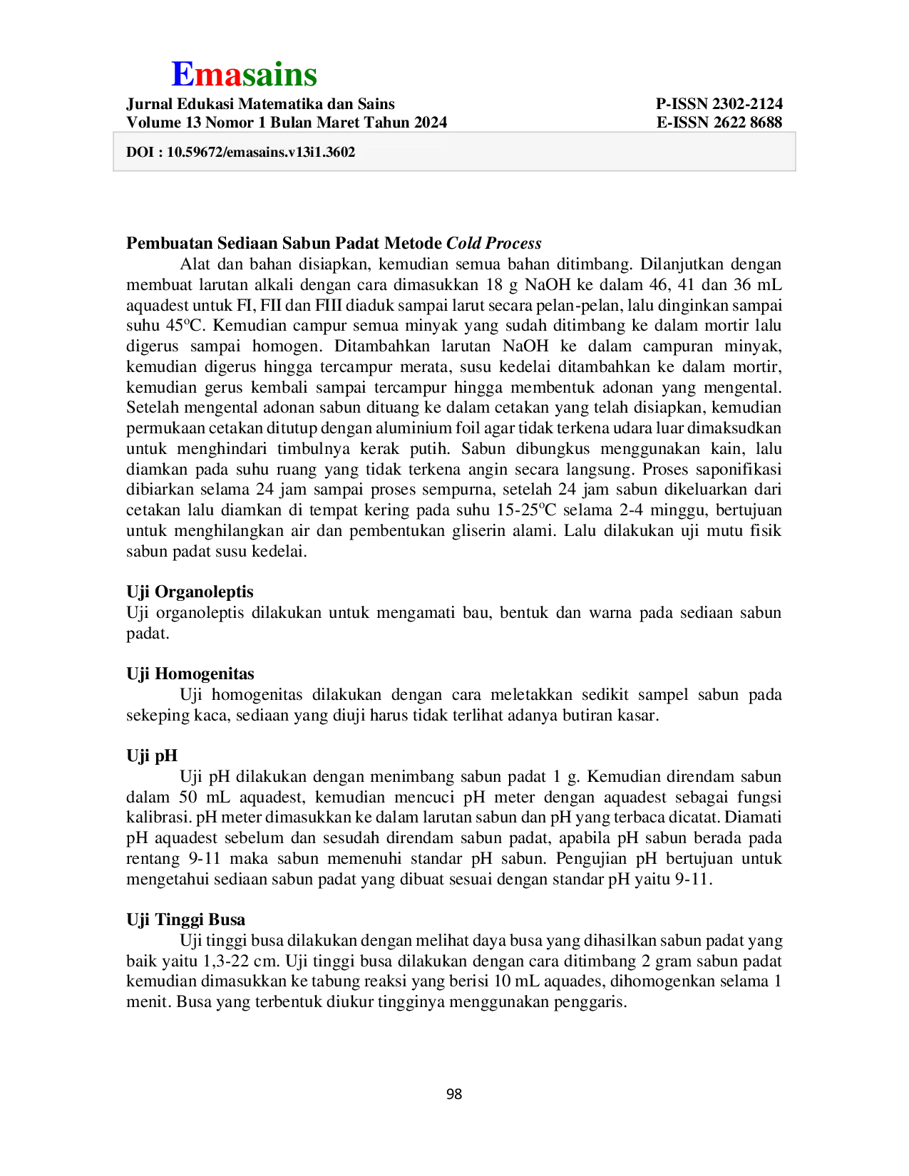 JURIS Pengujian Mutu Fisik Formulasi Sediaan Sabun Padat Berbahan Susu Kedelai
