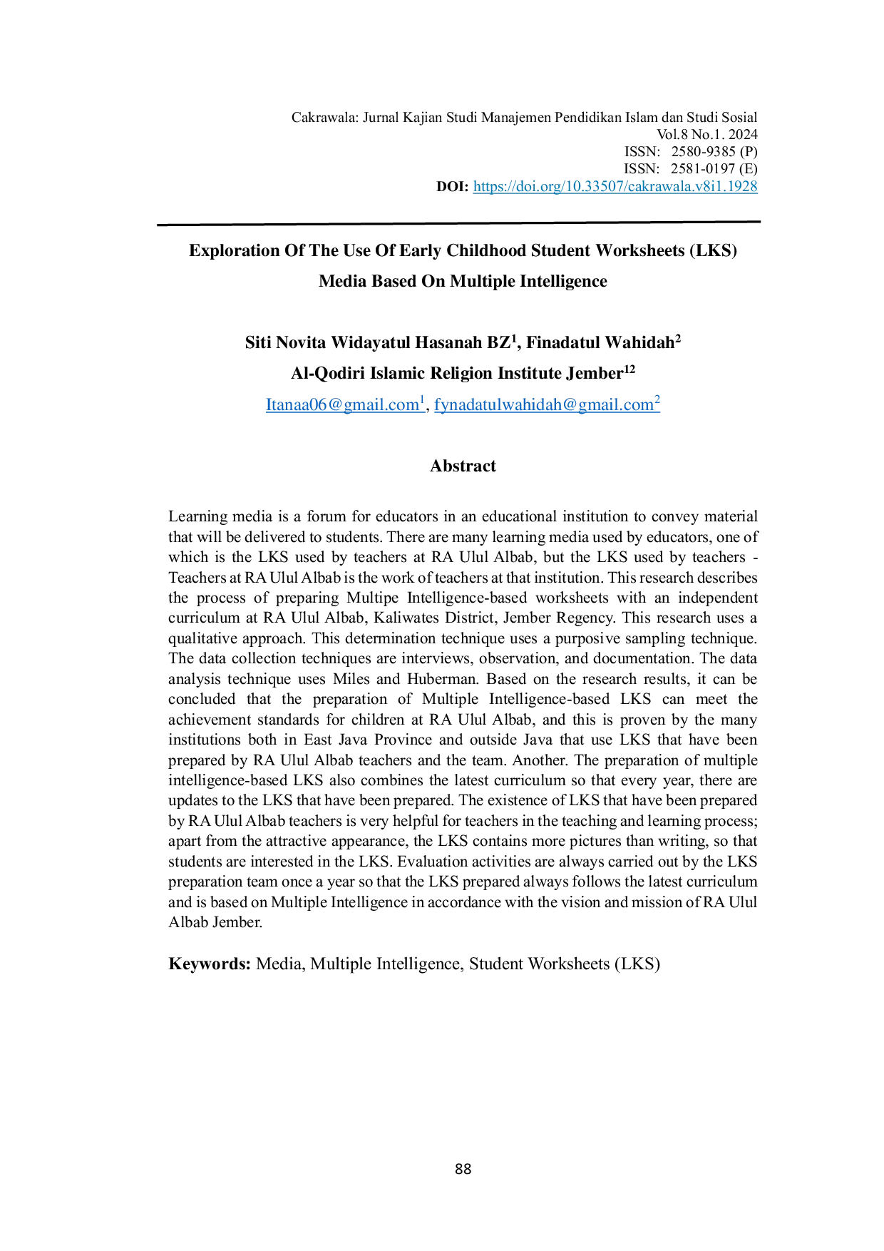 JURIS Exploration Of The Use Of Early Childhood Student Worksheets LKS Media Based On Multiple Intelligence