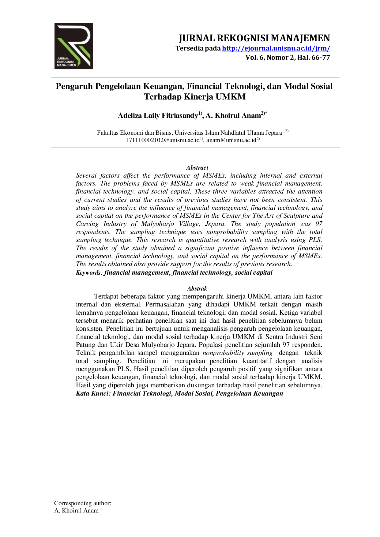 JURIS Pengaruh Pengelolaan Keuangan Financial Teknologi dan Modal Sosial Terhadap Kinerja UMKM