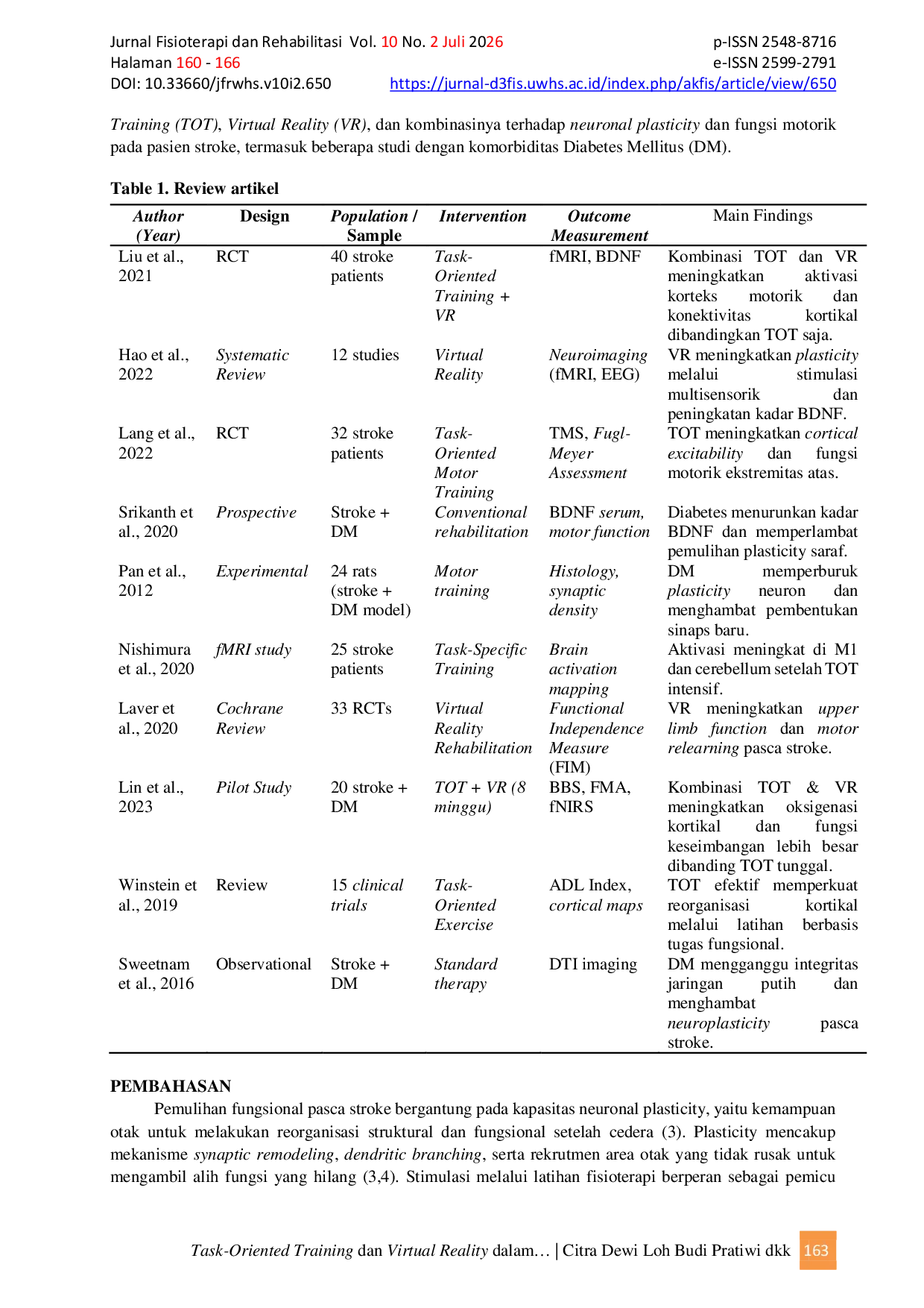 JURIS Task Oriented Training dan Virtual Reality dalam meningkatkan Neuronal Plasticity Pasien Stroke dengan Diabetes Militus Literatur Review