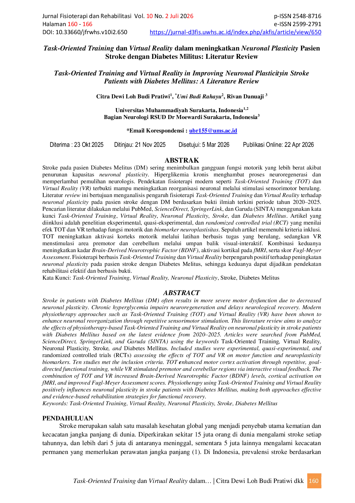 JURIS Task Oriented Training dan Virtual Reality dalam meningkatkan Neuronal Plasticity Pasien Stroke dengan Diabetes Militus Literatur Review