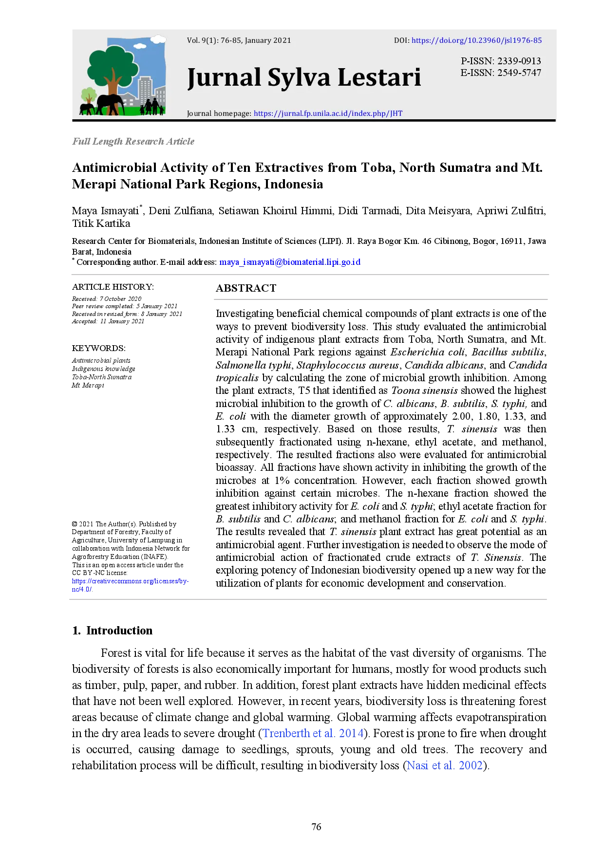 juris Antimicrobial Activity of Ten Extractives from Toba North Sumatra and Mt Merapi National Park Regions Indonesia