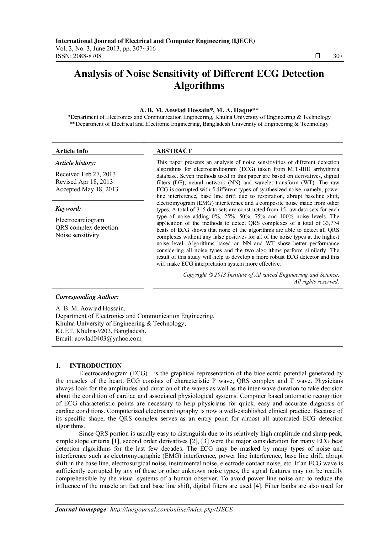 JURIS Analysis of Noise Sensitivity of Different ECG Detection Algorithms