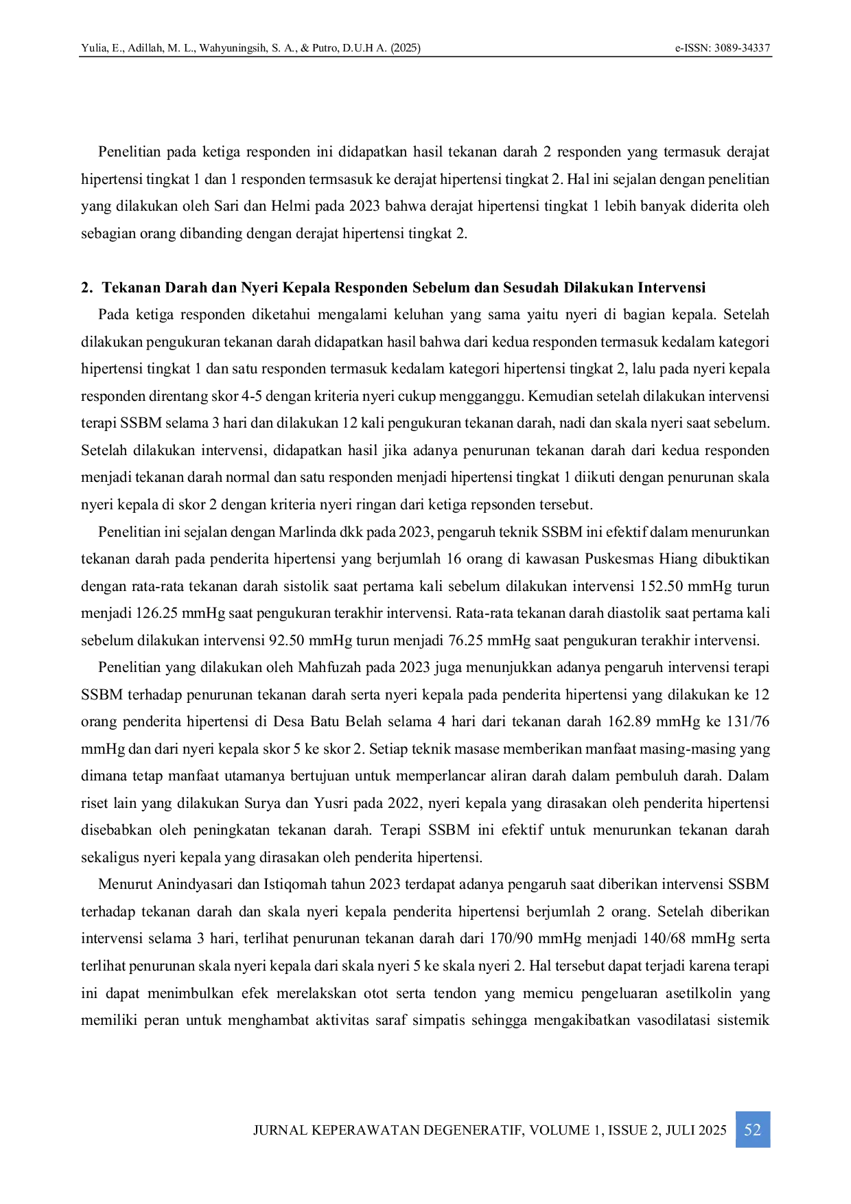 JURIS Penerapan Slow Stroke Back Massage Terhadap Penurunan Tekanan Darah Dan Nyeri Kepala Pasien Hipertensi Di Rs Pelni Jakarta