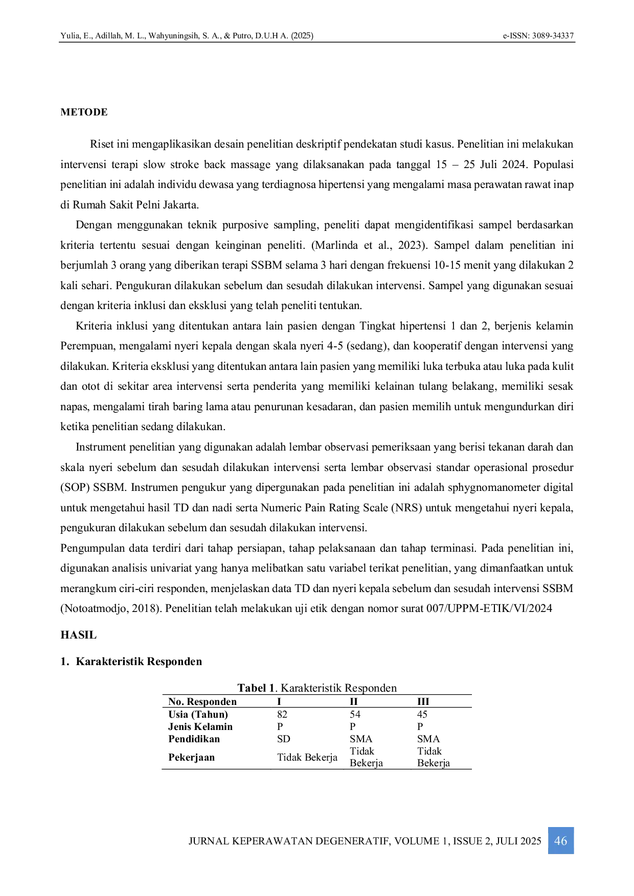 JURIS Penerapan Slow Stroke Back Massage Terhadap Penurunan Tekanan Darah Dan Nyeri Kepala Pasien Hipertensi Di Rs Pelni Jakarta