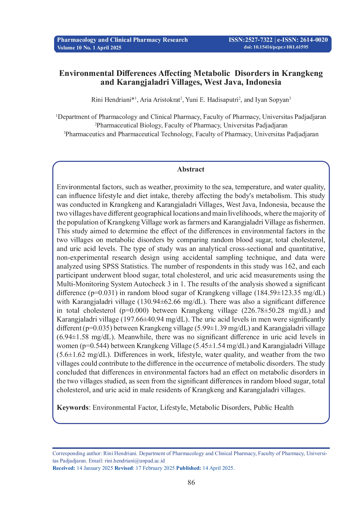 JURIS Comparison of Random Blood Sugar Uric Acid and Cholesterol Levels in Krangkeng Village with Karangjaladri Village West Java Indonesia