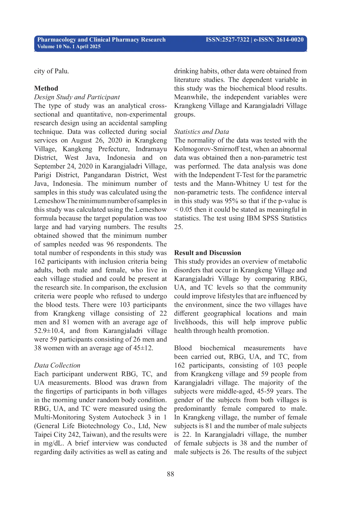 JURIS Comparison of Random Blood Sugar Uric Acid and Cholesterol Levels in Krangkeng Village with Karangjaladri Village West Java Indonesia
