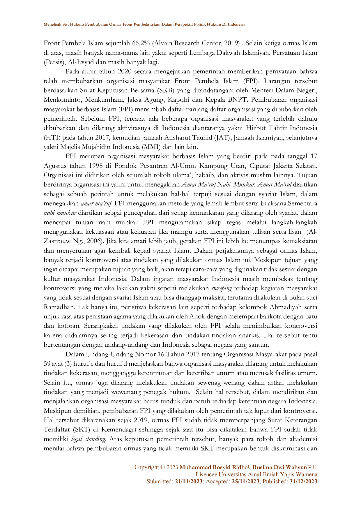 JURIS Menelisik Sisi Hukum Pembubaran Ormas Front Pembela Islam Dalam Perspektif Politik Hukum di Indonesia