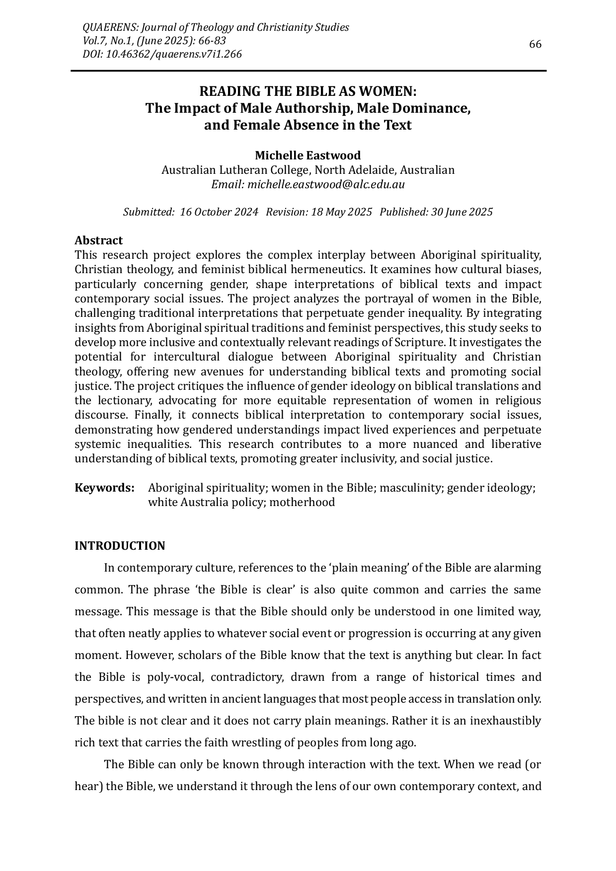 JURIS Reading The Bible As Women The Impact Of Male Authorship Male Dominance And Female Absence In The Text