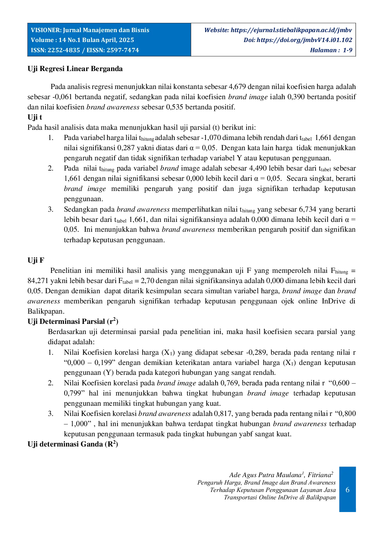 JURIS Pengaruh Harga Brand Image dan Brand Awareness Terhadap Keputusan Penggunaan Layanan Jasa Transportasi Online InDrive di Balikpapan