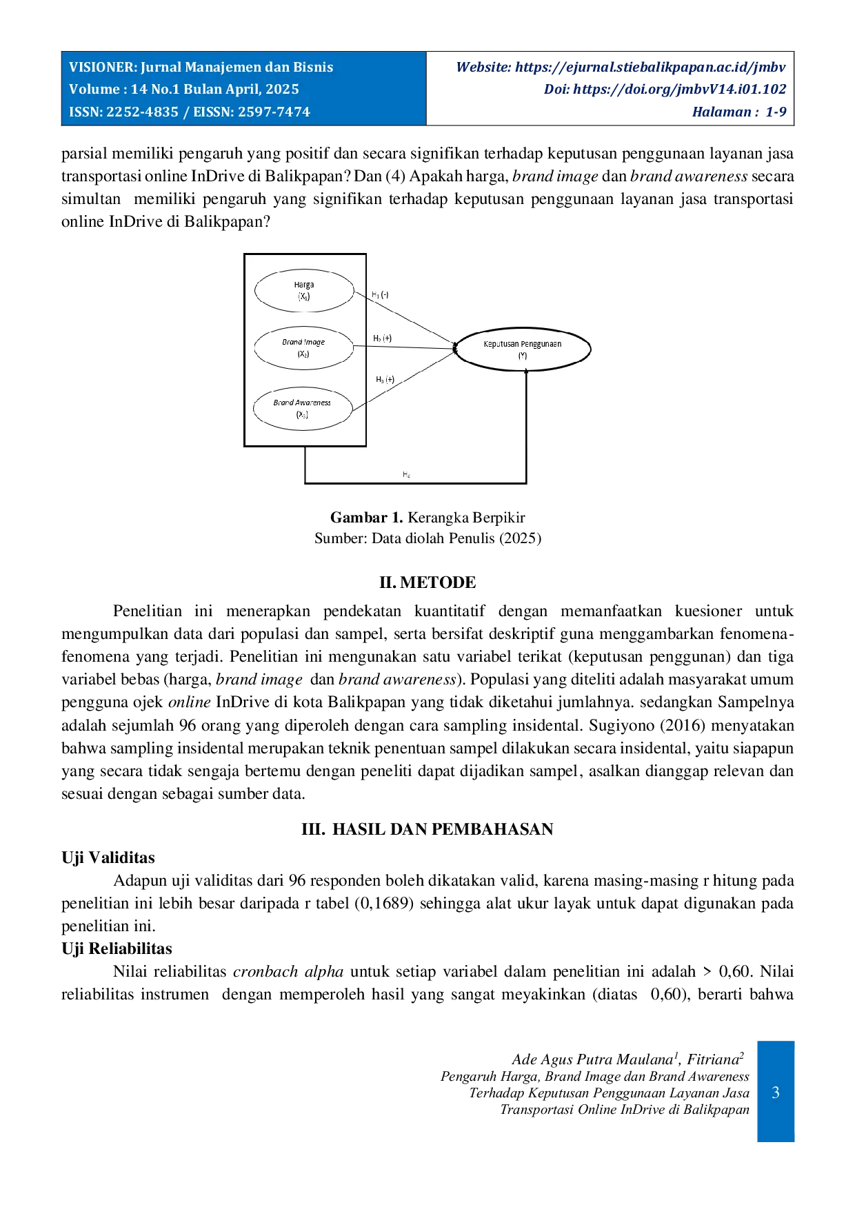 JURIS Pengaruh Harga Brand Image dan Brand Awareness Terhadap Keputusan Penggunaan Layanan Jasa Transportasi Online InDrive di Balikpapan