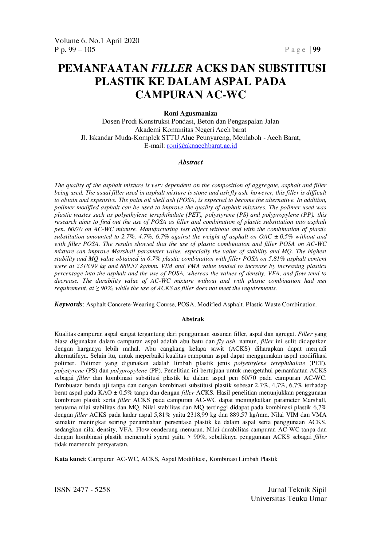JURIS Pemanfaatan Filler ACKS dan Substitusi Plastik ke dalam Aspal pada Campuran AC WC