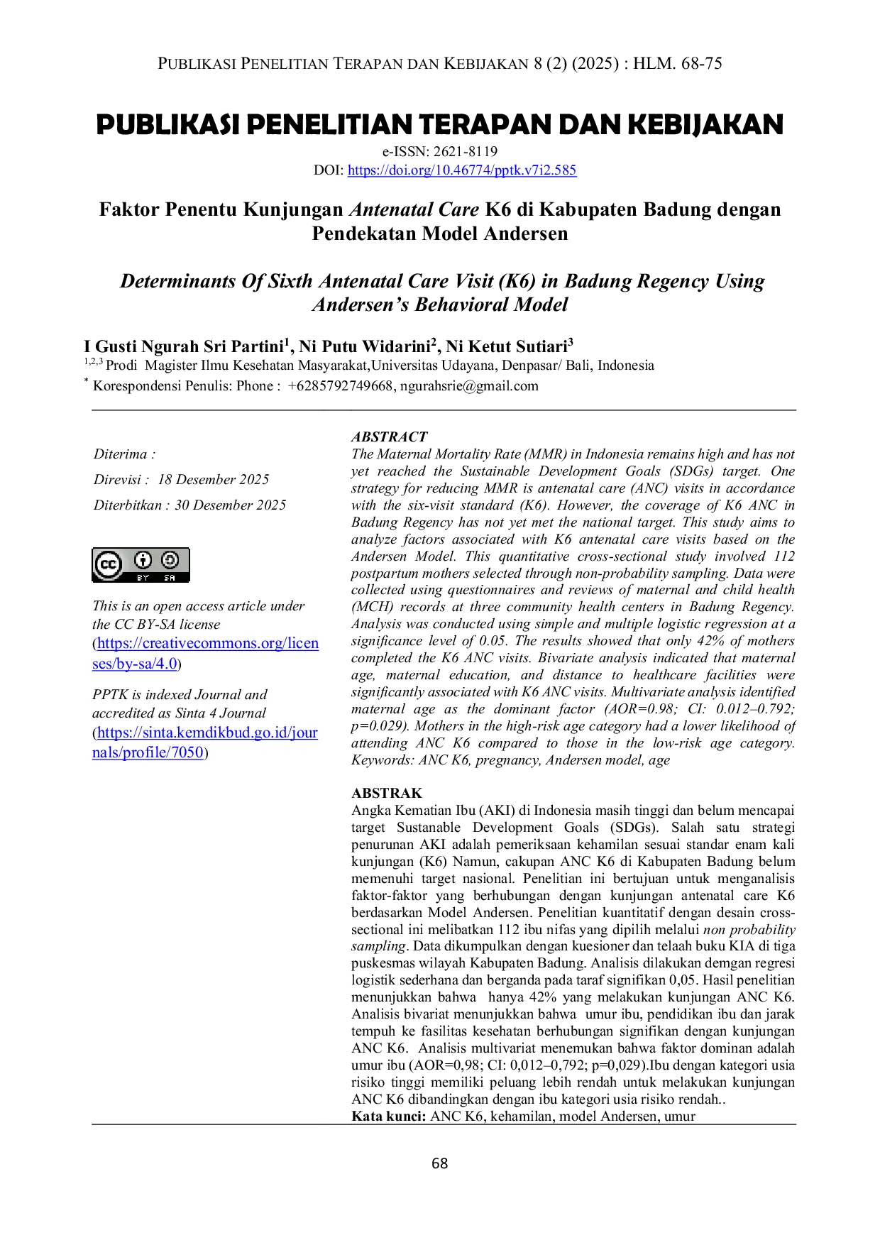 JURIS Faktor Penentu Kunjungan Antenatal Care K6 Di Kabupaten Badung Dengan Pendekatan Model Andersen