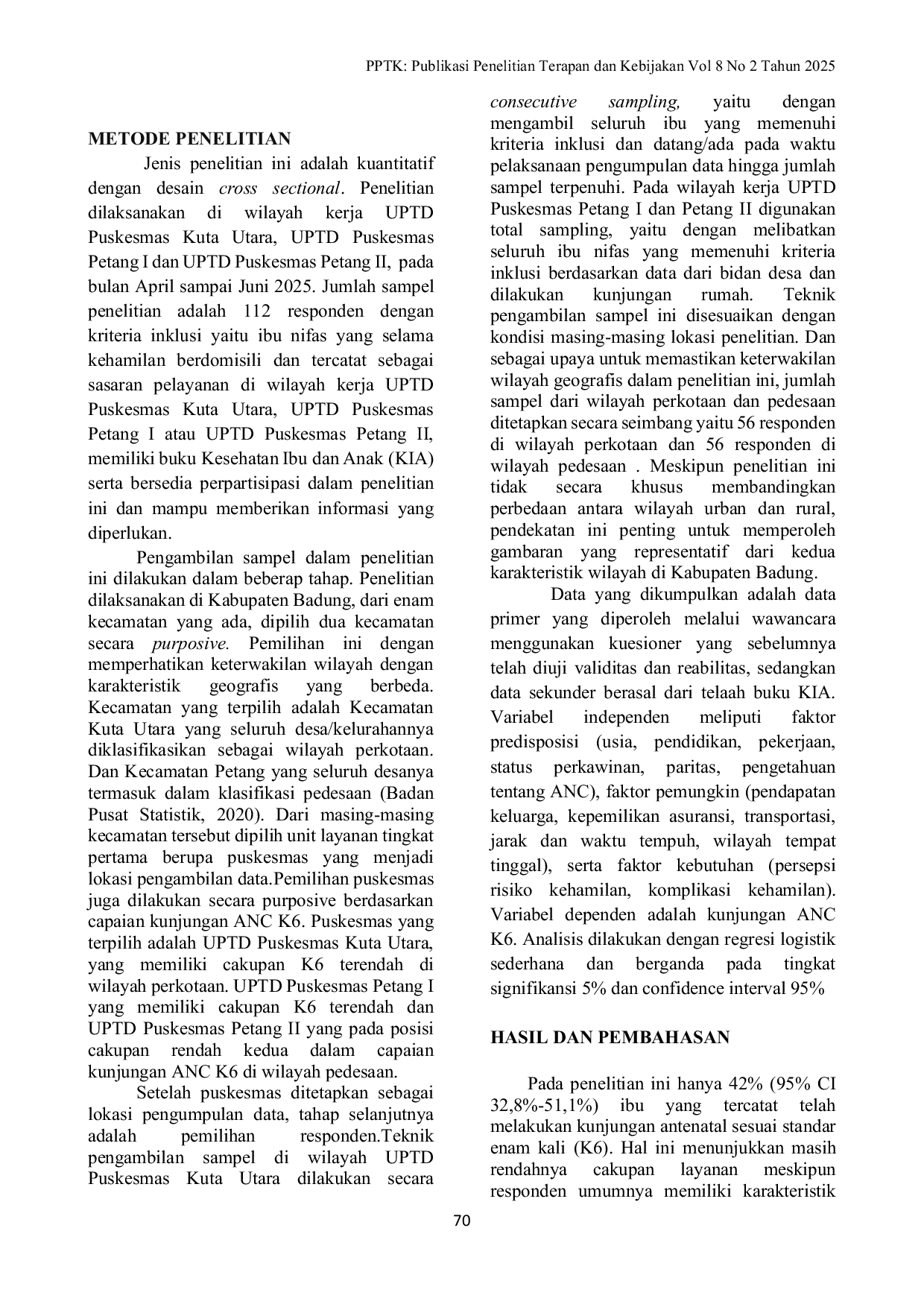 JURIS Faktor Penentu Kunjungan Antenatal Care K6 Di Kabupaten Badung Dengan Pendekatan Model Andersen