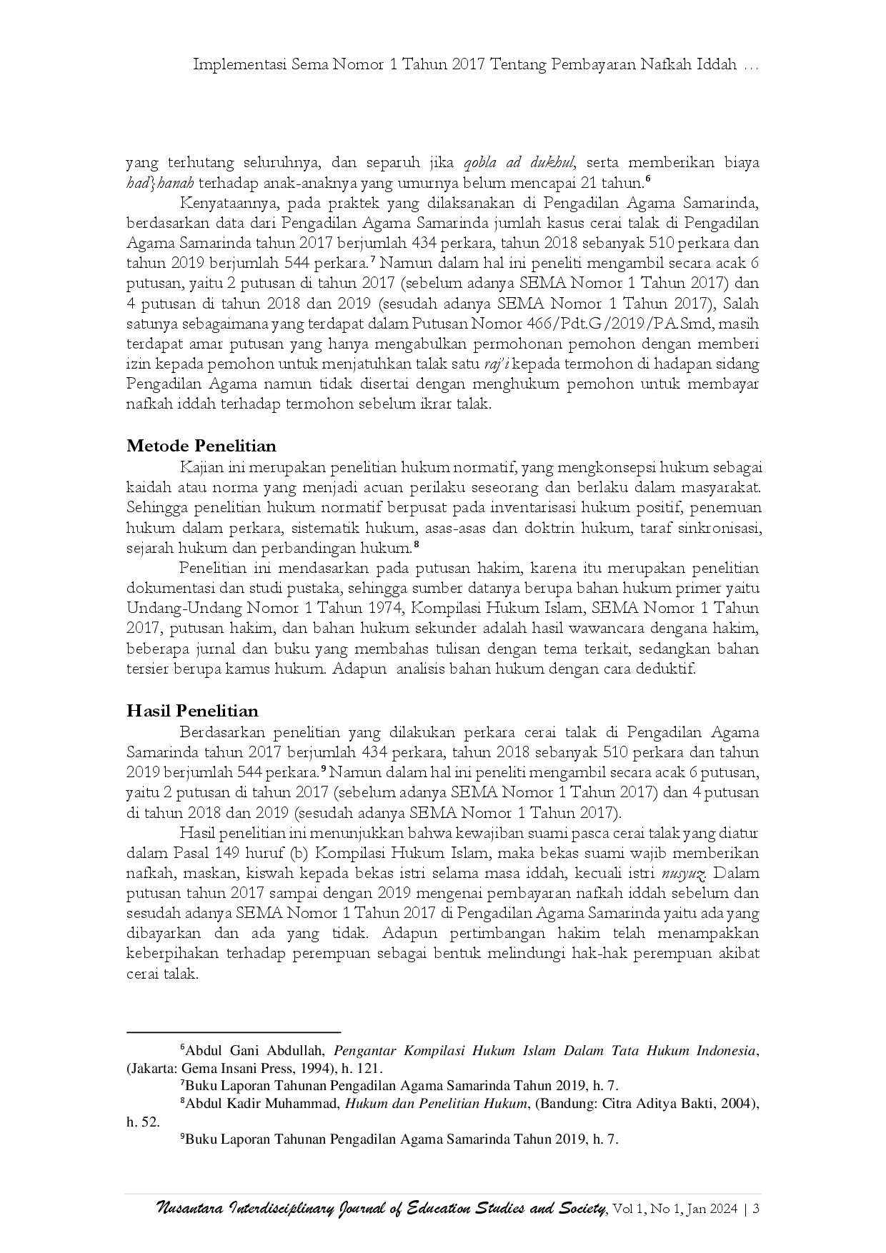 juris Implementasi Sema Nomor 1 Tahun 2017 Tentang Pembayaran Nafkah Iddah Sebelum Pengucapan Ikrar Talak Di Pengadilan Agama Samarinda