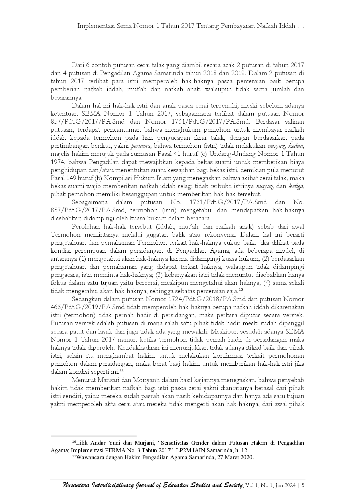 juris Implementasi Sema Nomor 1 Tahun 2017 Tentang Pembayaran Nafkah Iddah Sebelum Pengucapan Ikrar Talak Di Pengadilan Agama Samarinda