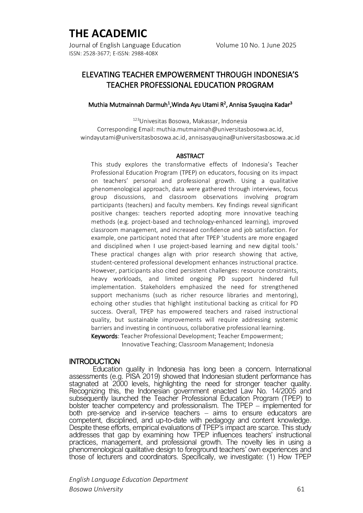 JURIS Elevating Teacher Empowerment Through Indonesia s Teacher Professional Education Program