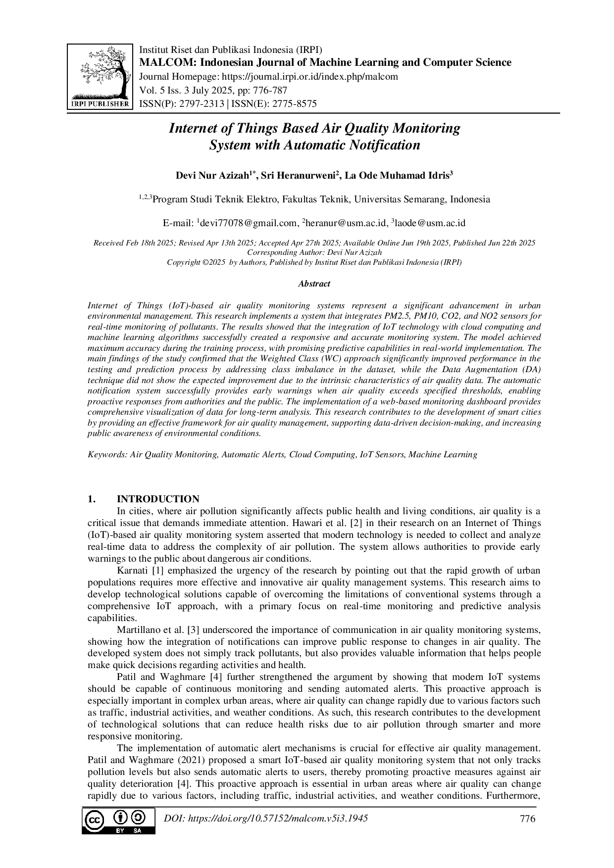 juris Internet of Things Based Air Quality Monitoring System with Automatic Notification