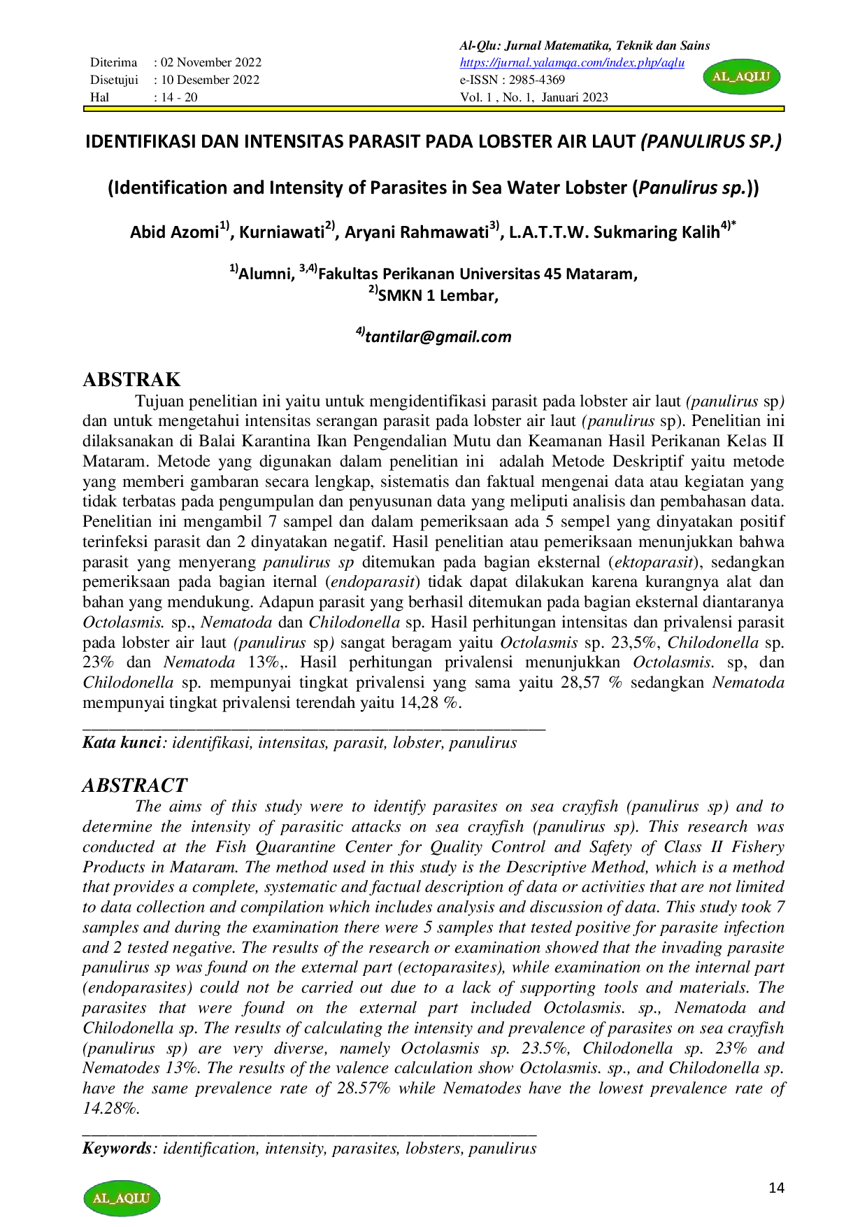 JURIS IDENTIFIKASI DAN INTENSITAS PARASIT PADA LOBSTER AIR LAUT PANULIRUS SP