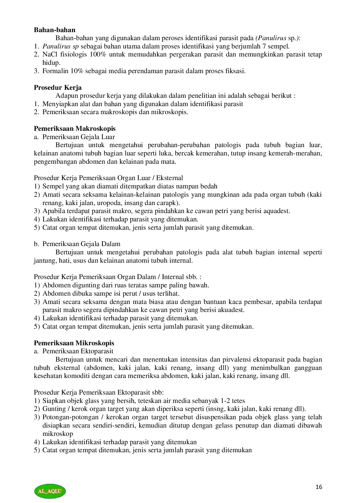 JURIS IDENTIFIKASI DAN INTENSITAS PARASIT PADA LOBSTER AIR LAUT PANULIRUS SP