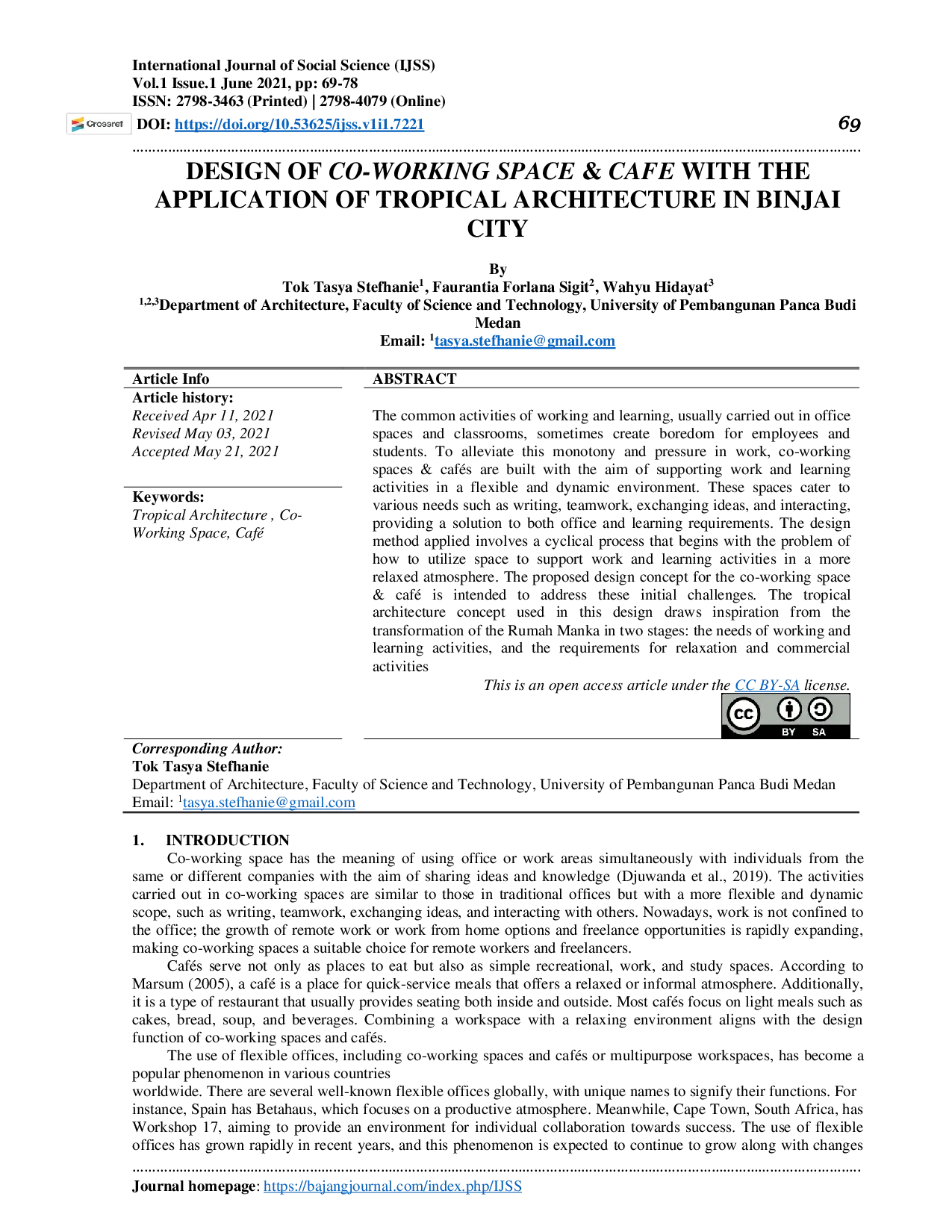 JURIS Design of Co Working Space Caf with the Application of Tropical Architecture in Binjai City