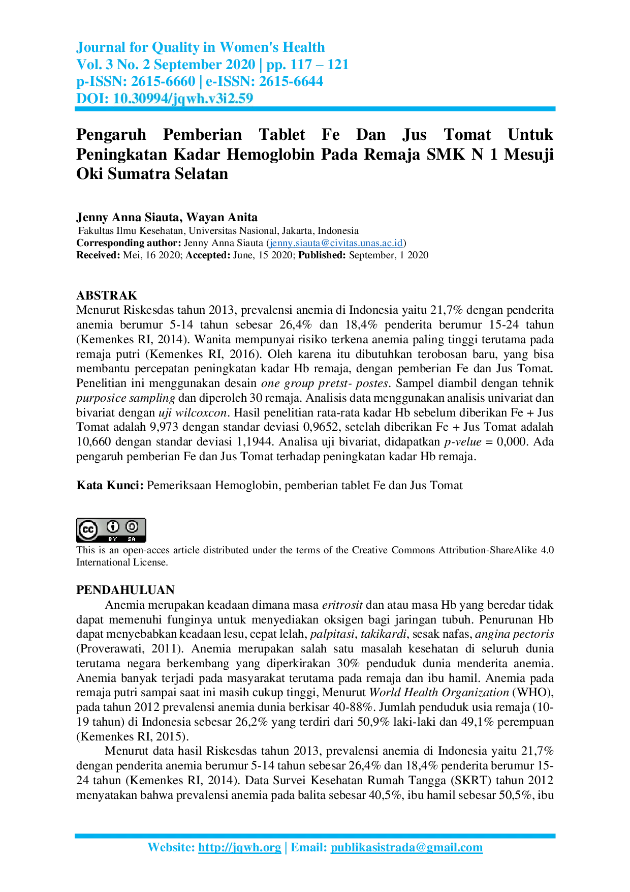 JURIS Pengaruh Pemberian Tablet Fe dan Jus Tomat Untuk Peningkatan Kadar Hemoglobin Pada Remaja SMK N 1 Mesuji Oki Sumatra Selatan