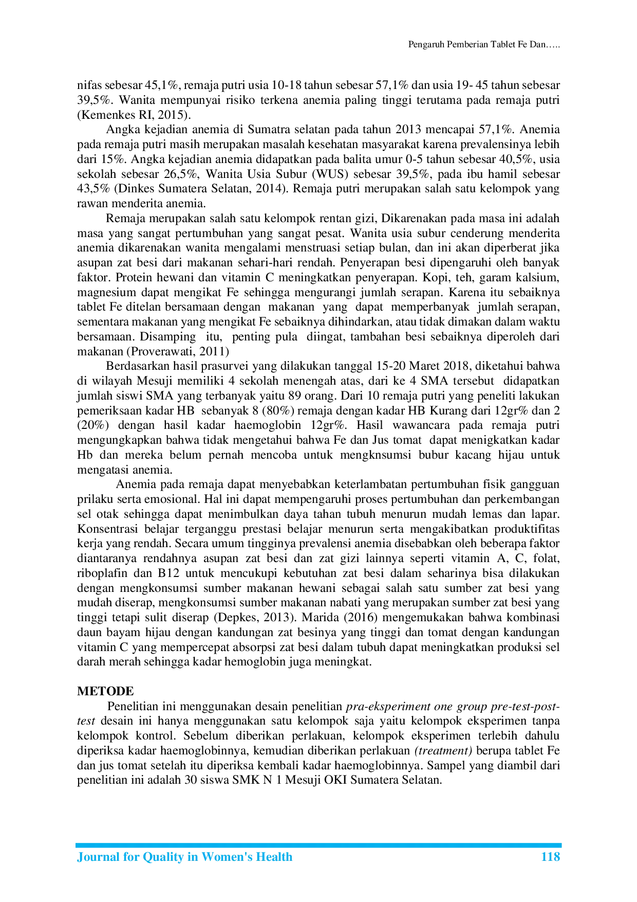 JURIS Pengaruh Pemberian Tablet Fe dan Jus Tomat Untuk Peningkatan Kadar Hemoglobin Pada Remaja SMK N 1 Mesuji Oki Sumatra Selatan
