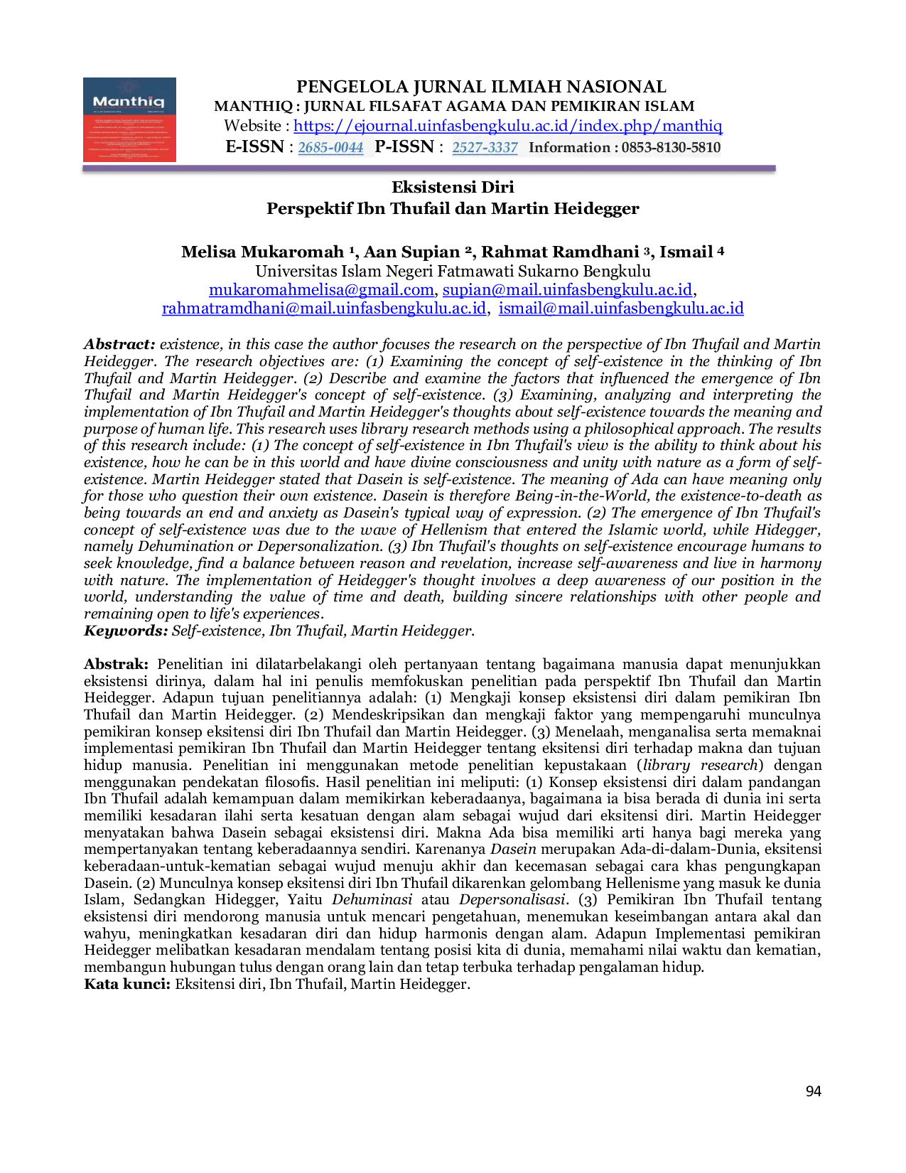 JURIS Eksistensi Diri Perspektif Ibn Thufail dan Martin Heidegger