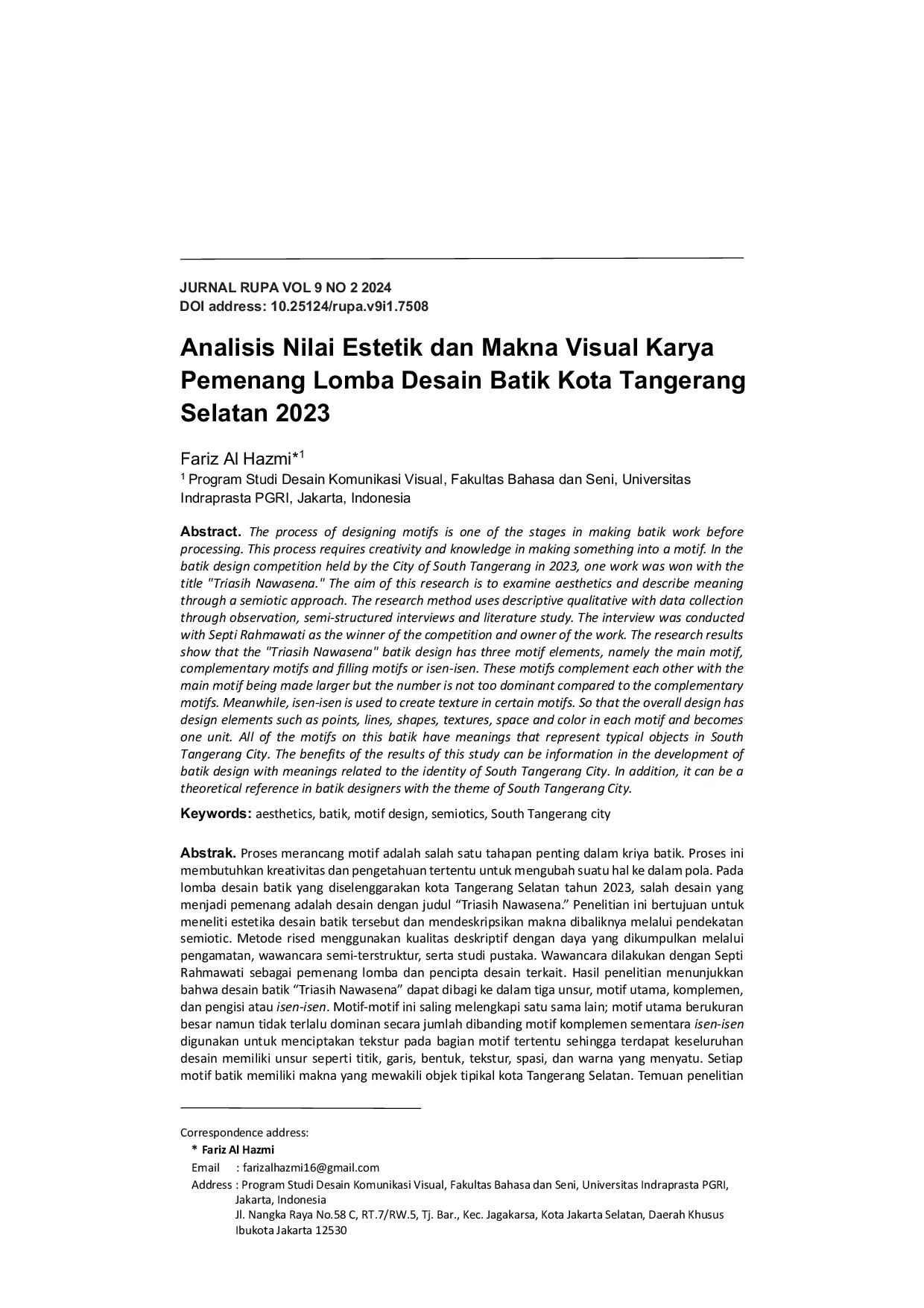 JURIS Analisis Nilai Estetika dan Makna Visual Karya Pemenang Lomba Desain Batik Kota Tangerang Selatan 2023