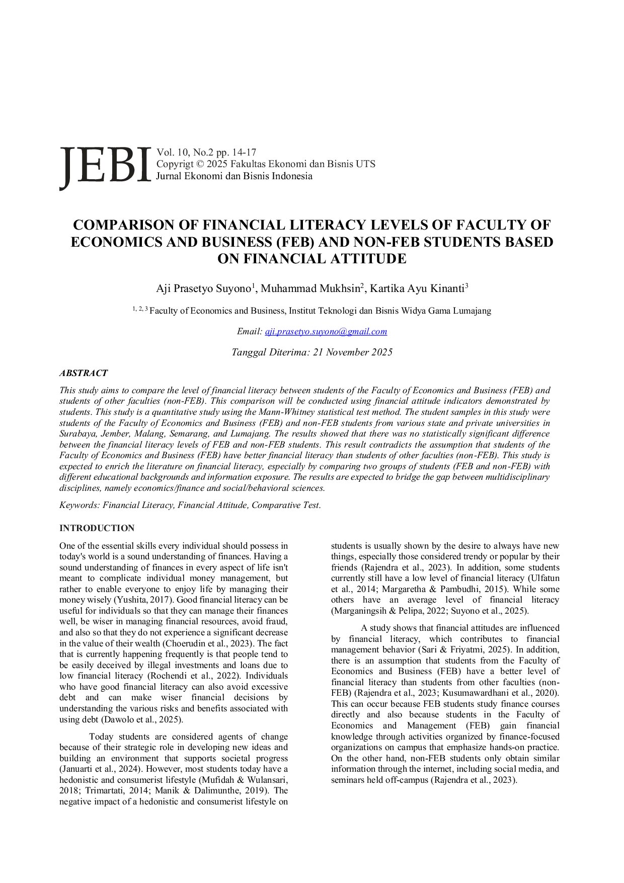 JURIS Comparison Of Financial Literacy Levels Of Faculty Of Economics And Business Feb And Non Feb Students Based On Financial Attitude