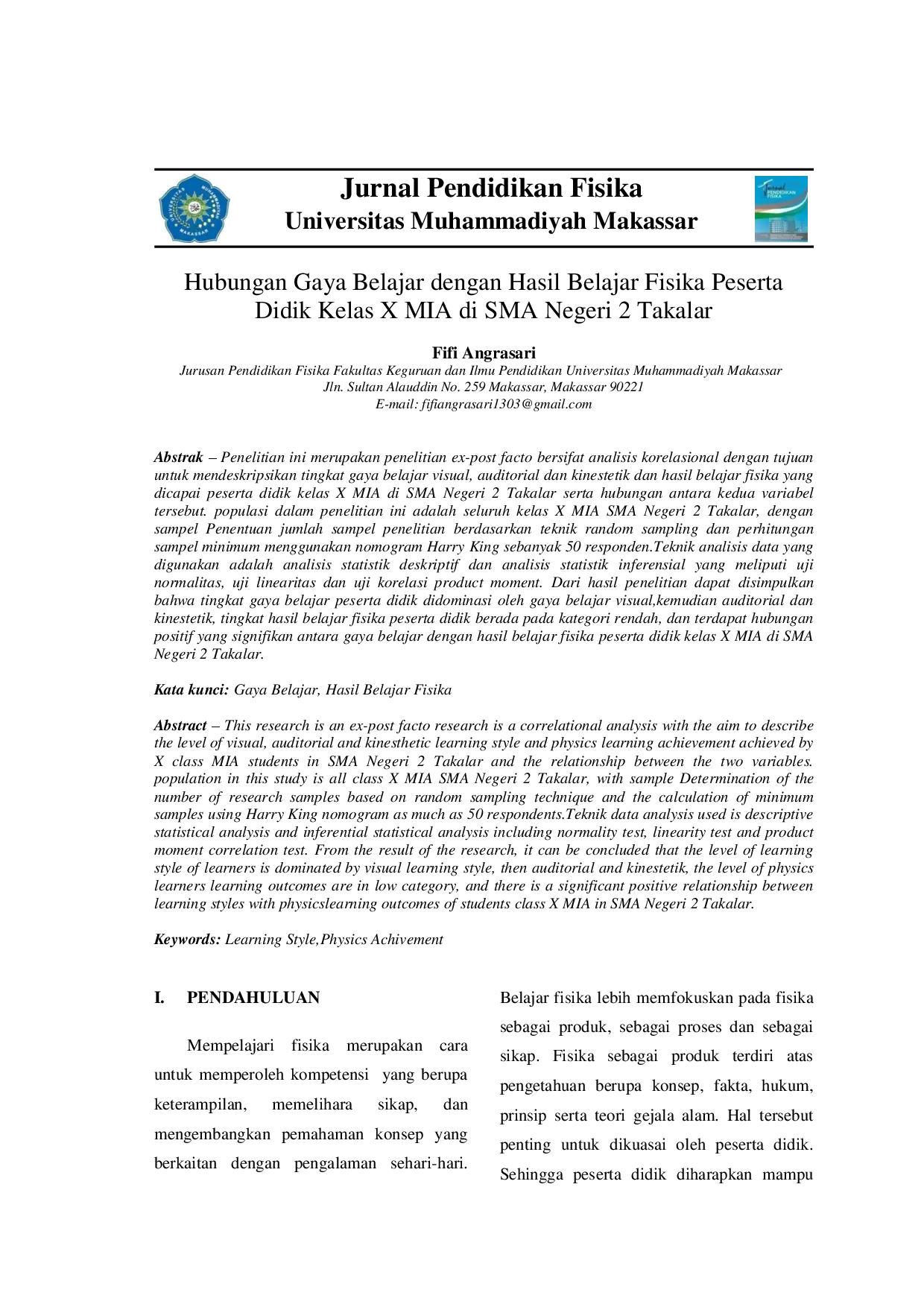 juris Hubungan Gaya Belajar dengan Hasil Belajar Fisika Peserta Didik Kelas X MIA di SMA N 2 Takalar