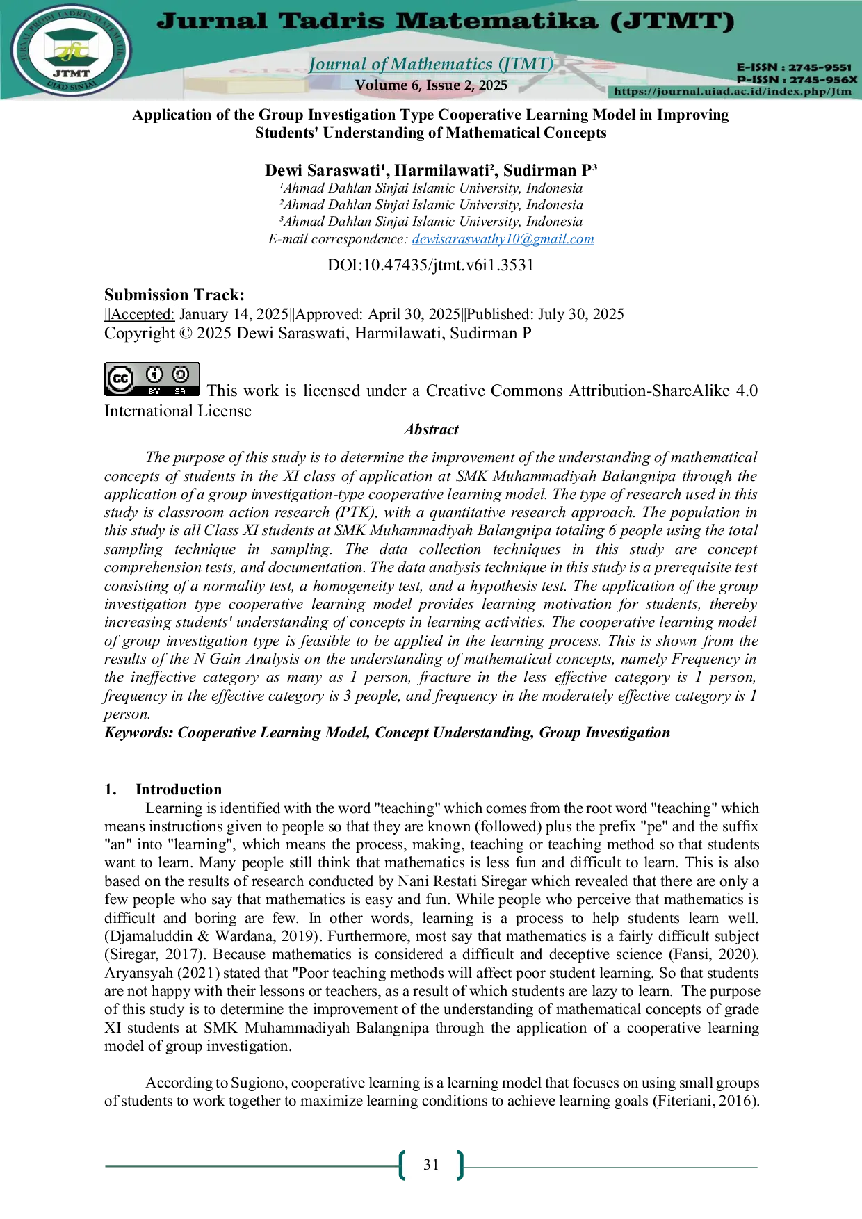 JURIS Application of the Group Investigation Type Cooperative Learning Model in Improving Students Understanding of Mathematical Concepts