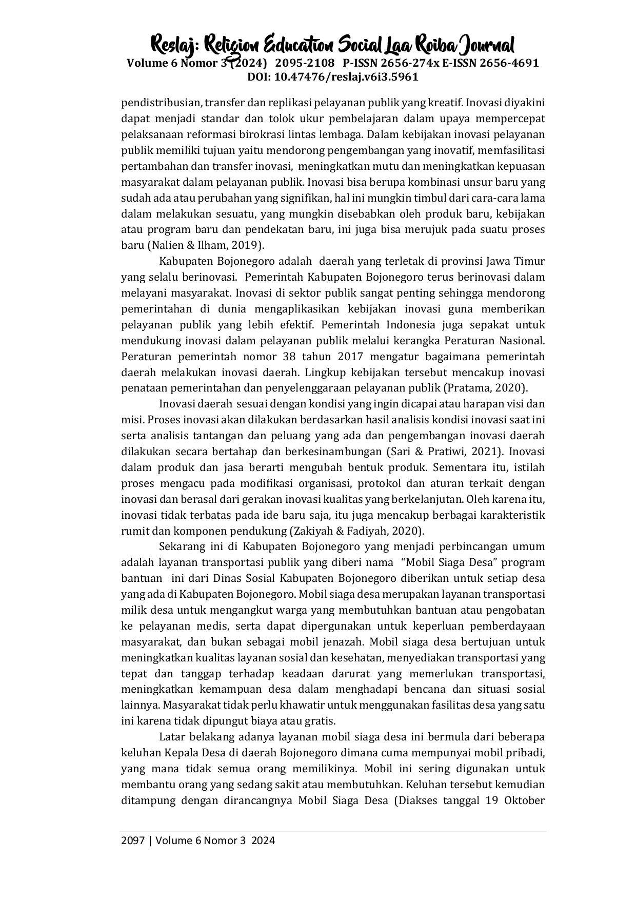 JURIS Inovasi Layanan Mobil Siaga Desa dalam Meningkatkan Pelayanan Publik di Kabupaten Bojonegoro