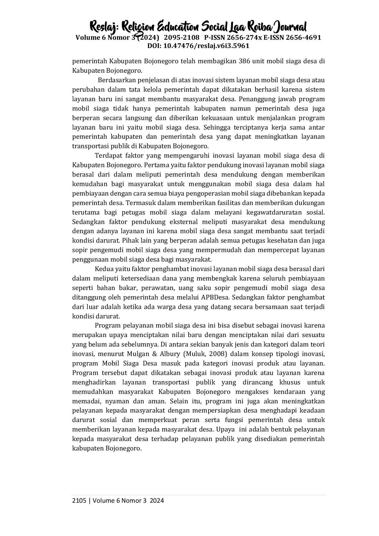 JURIS Inovasi Layanan Mobil Siaga Desa dalam Meningkatkan Pelayanan Publik di Kabupaten Bojonegoro