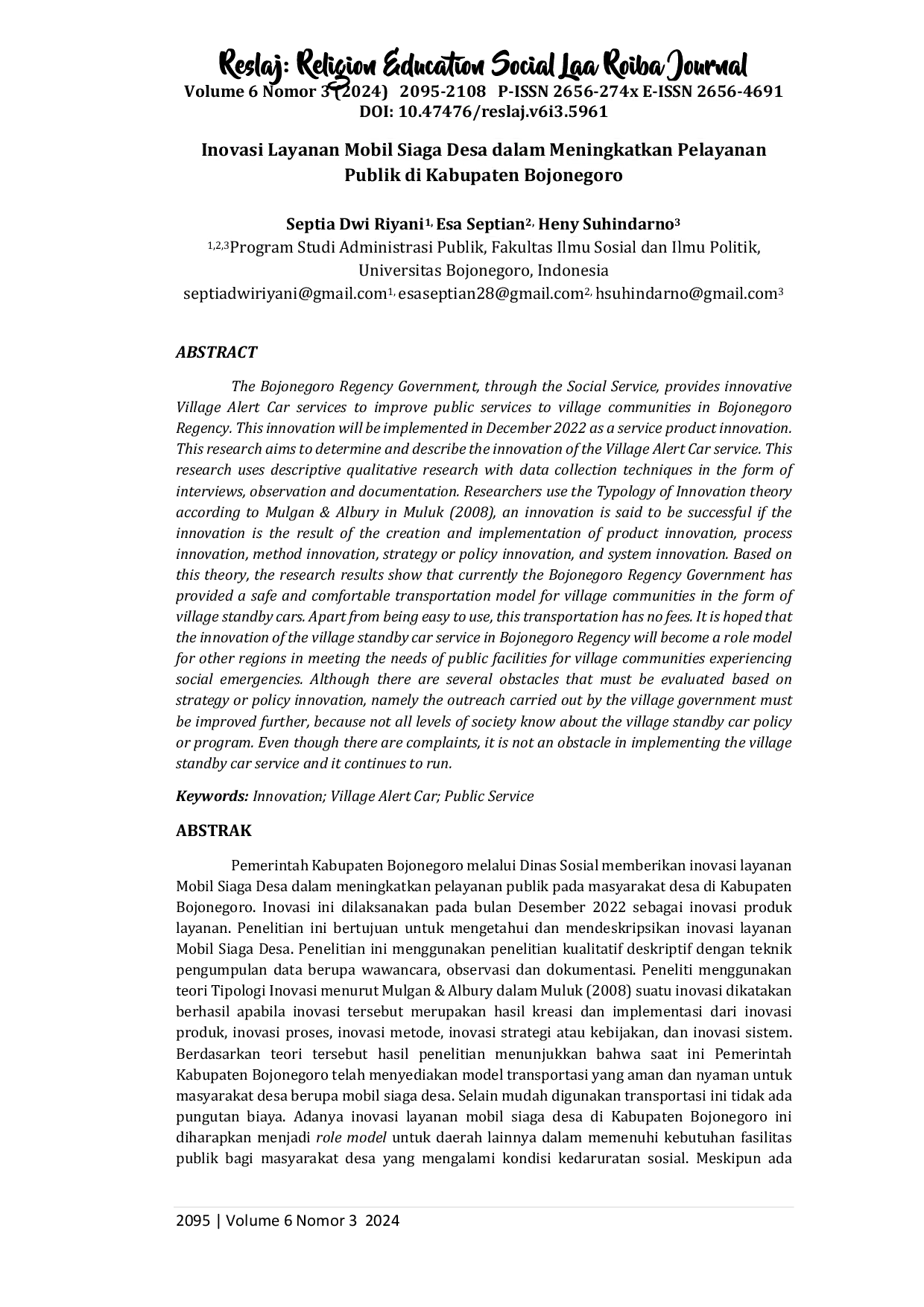 JURIS Inovasi Layanan Mobil Siaga Desa dalam Meningkatkan Pelayanan Publik di Kabupaten Bojonegoro