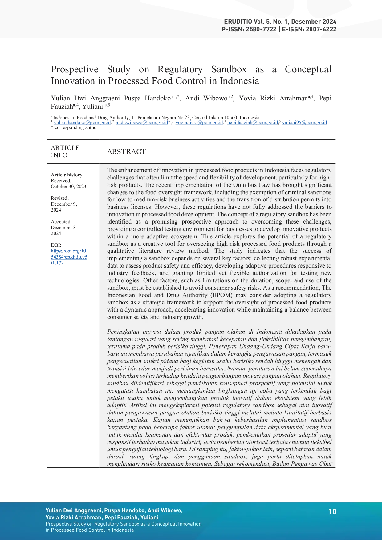 JURIS Prospective Study on Regulatory Sandbox as a Conceptual Innovation in Processed Food Control in Indonesia