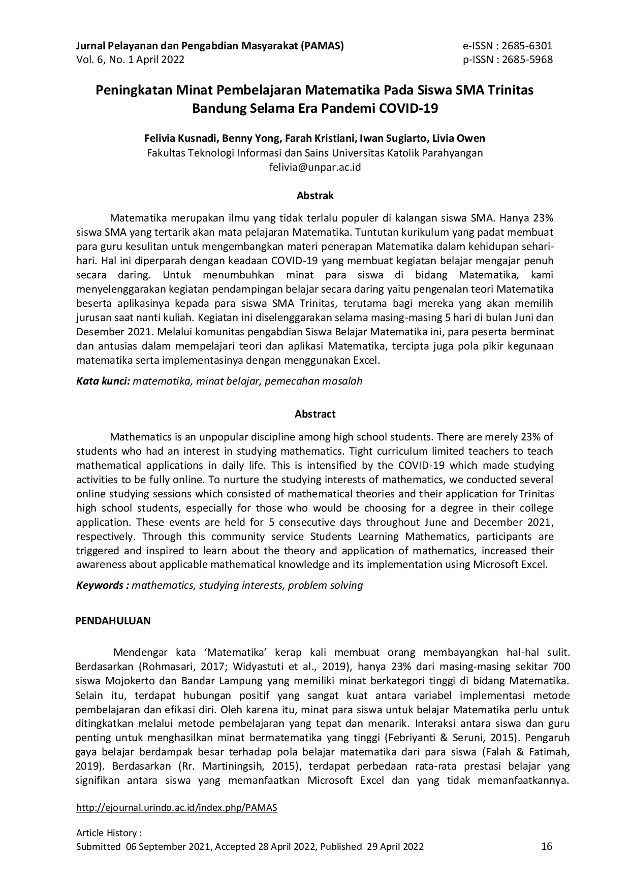 JURIS Peningkatan Minat Pembelajaran Matematika Pada Siswa SMA Trinitas Bandung Selama Era Pandemi COVID 19
