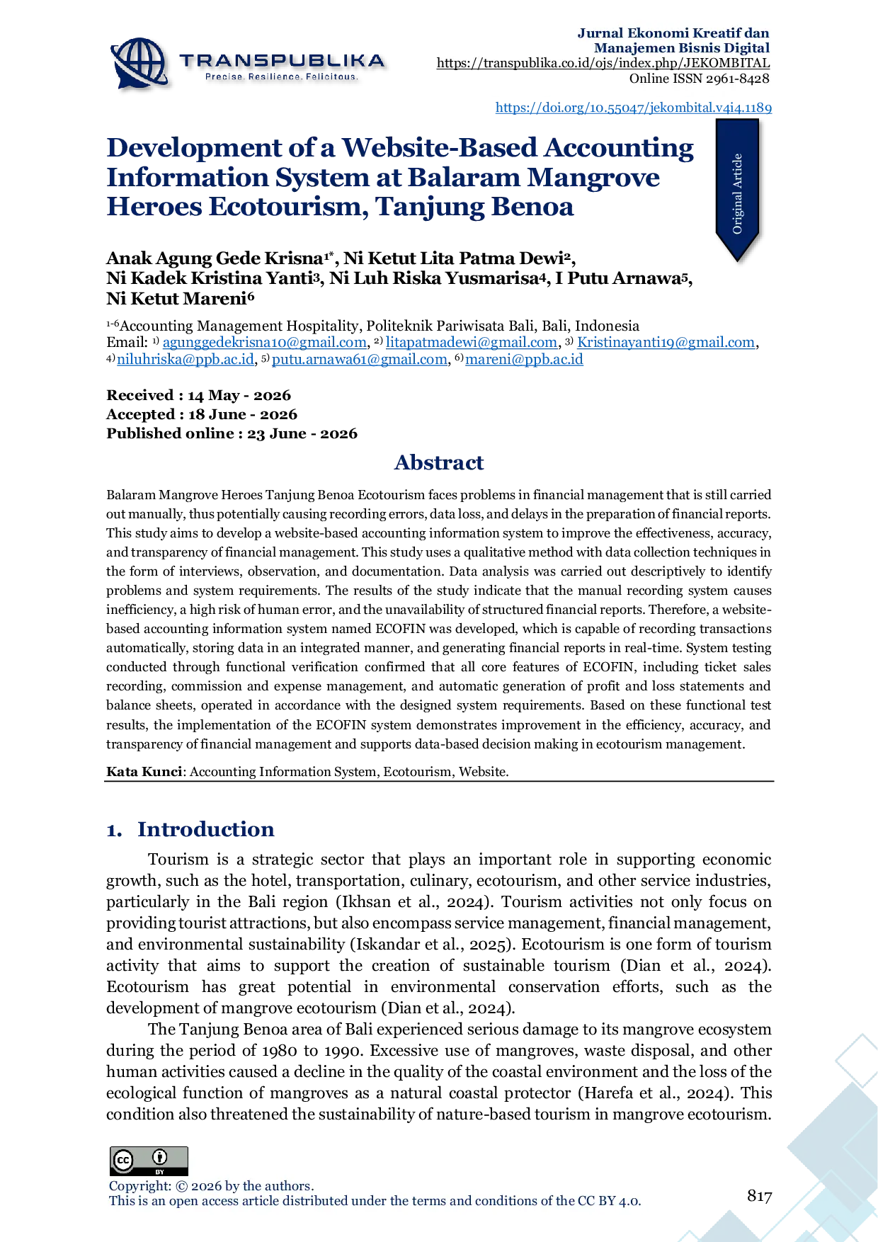 JURIS Development of a Website Based Accounting Information System at Balaram Mangrove Heroes Ecotourism Tanjung Benoa