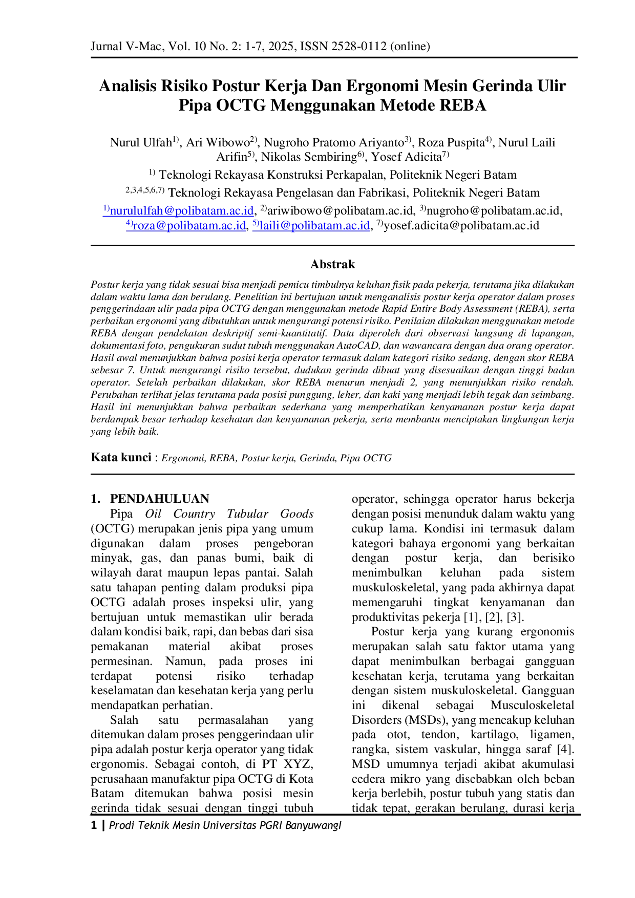 JURIS Analisis Risiko Postur Kerja dan Ergonomi Mesin Gerinda Ulir Pipa OCTG Menggunakan Metode REBA