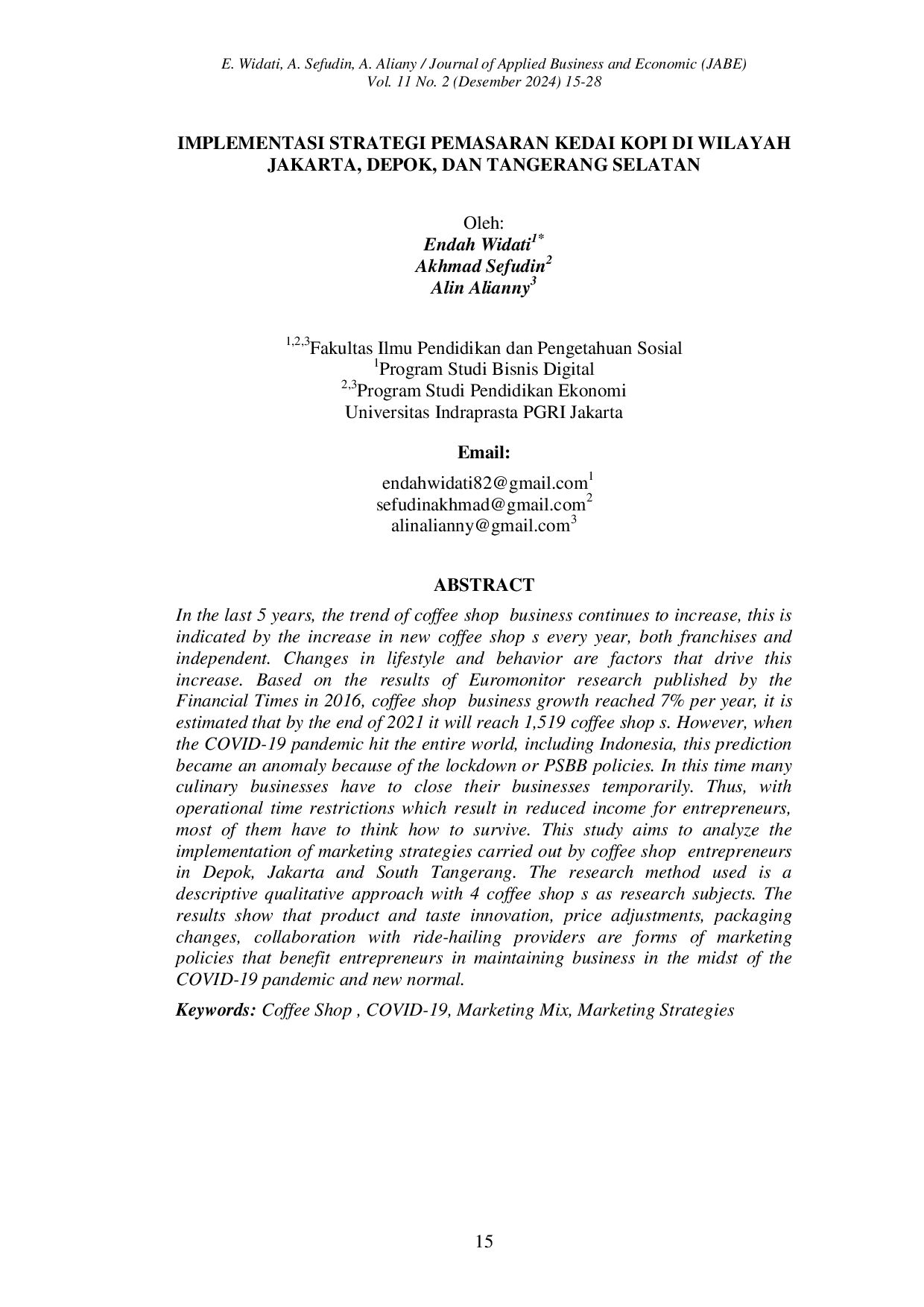 JURIS Implementasi Strategi Pemasaran Kedai Kopi di Wilayah Jakarta Depok dan Tangerang Selatan