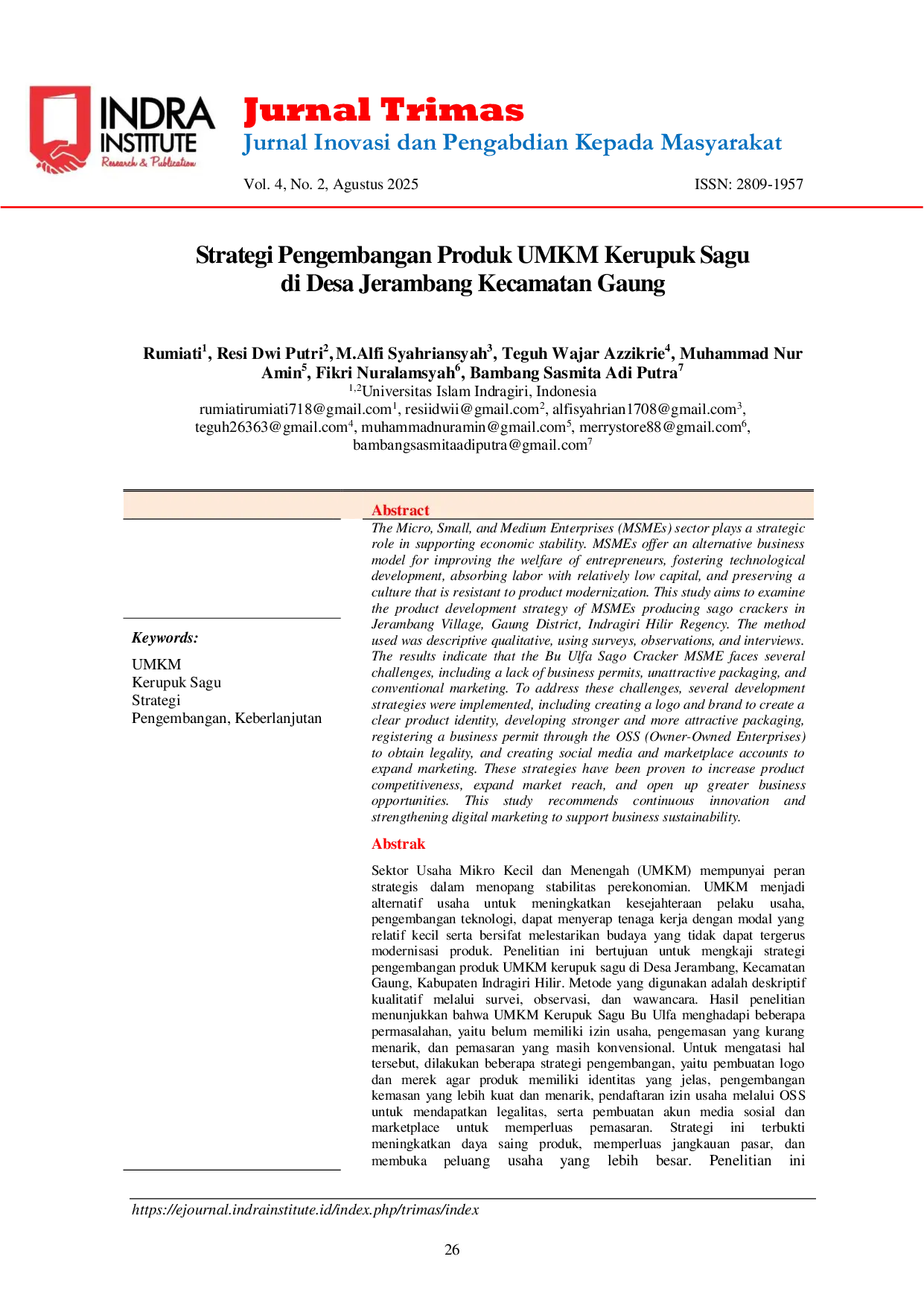 JURIS Strategi Pengembangan Produk UMKM Kerupuk Sagu di Desa Jerambang Kecamatan Gaung