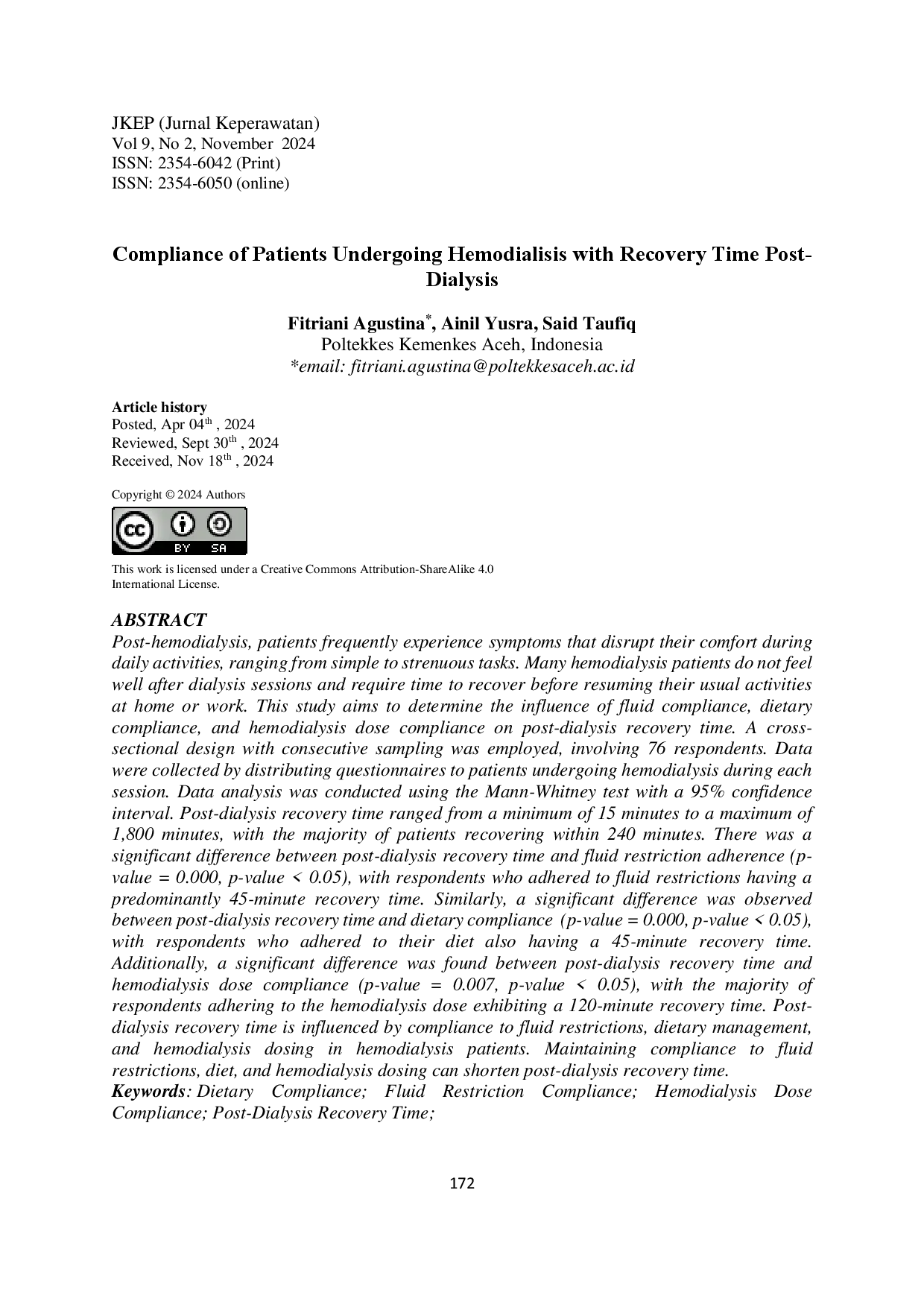juris Compliance of Patients Undergoing Hemodialisis with Recovery Time Post Dialysis