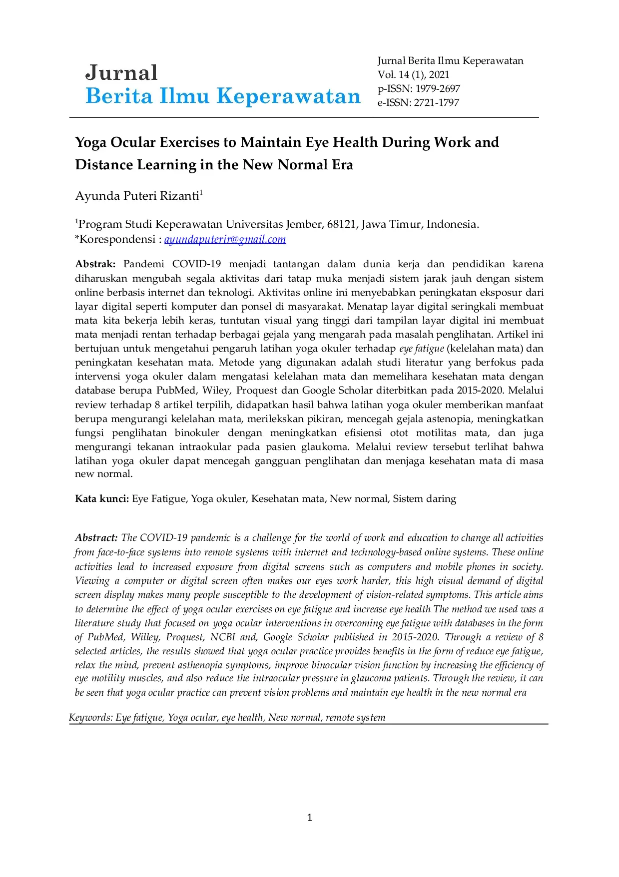 JURIS Yoga Ocular Exercises to Maintain Eye Health During Work and Distance Learning in the New Normal Era