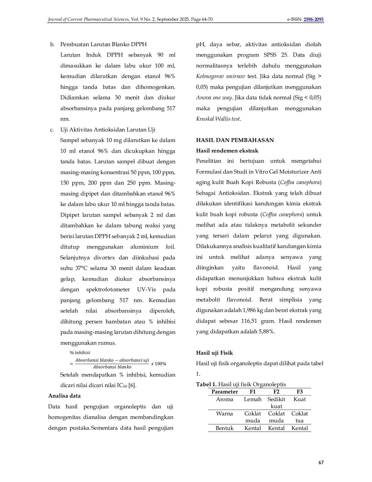 JURIS Formulasi dan Uji Aktivitas sediaan Gel Moisturizer dengan bahan aktif ekstrak kulit Buah Kopi Robusta Coffea canephora Sebagai Antioksidan