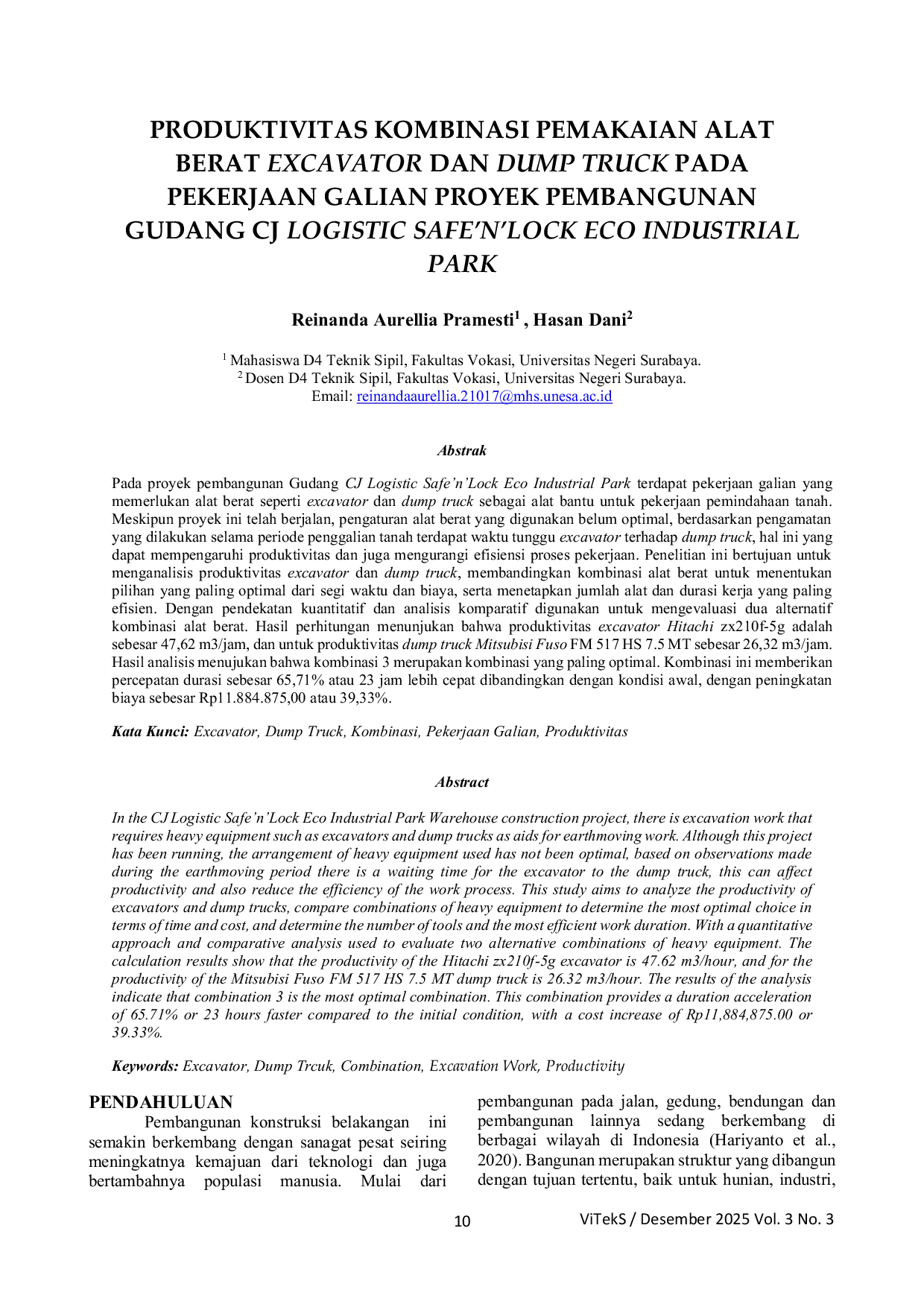 JURIS Produktivitas Kombinasi Pemakaian Alat Berat Excavator dan Dump Truck pada Pekerjaan Galian Proyek Pembangunan Gudang CJ Logistic Safe n Lock Eco Industrial Park