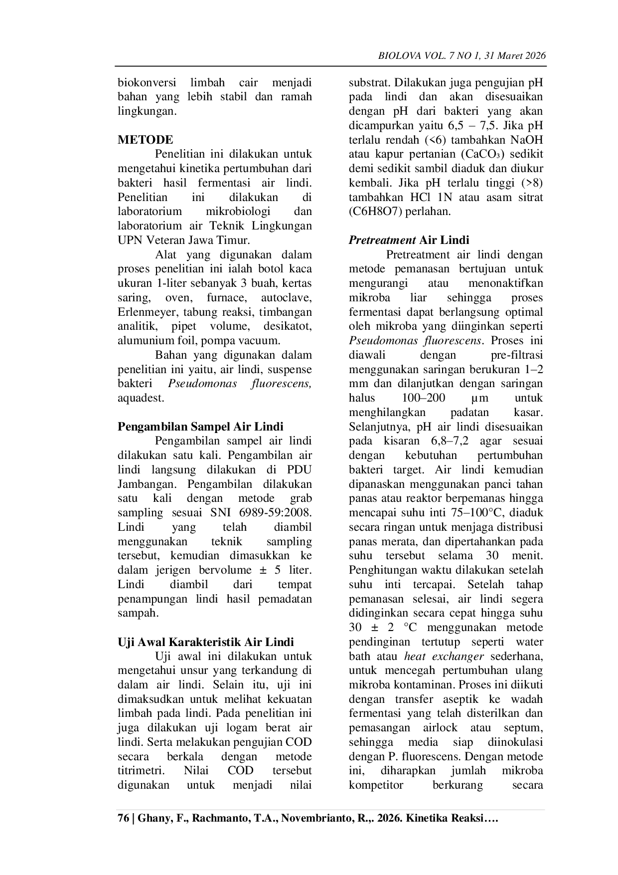 JURIS Kinetika Reaksi Pertumbuhan Bakteri Pseudomonas Fluorescens Pada Proses Fermentasi Air Lindi