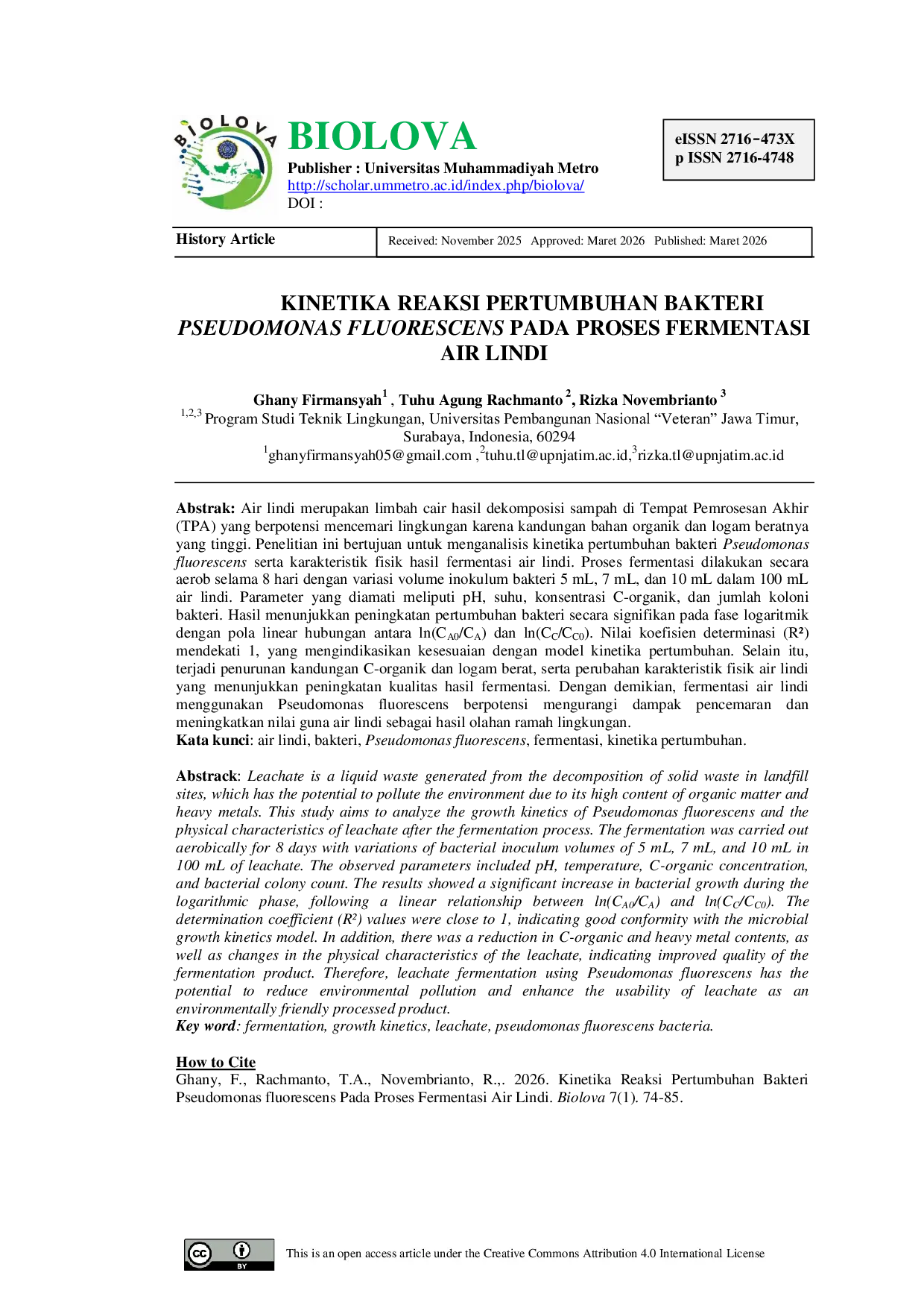 JURIS Kinetika Reaksi Pertumbuhan Bakteri Pseudomonas Fluorescens Pada Proses Fermentasi Air Lindi