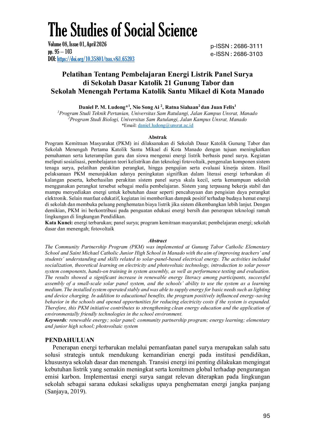 JURIS Pelatihan Tentang Pembelajaran Energi Listrik Panel Surya di Sekolah Dasar Katolik 21 Gunung Tabor dan Sekolah Menengah Pertama Katolik Santu Mikael di Kota Manado