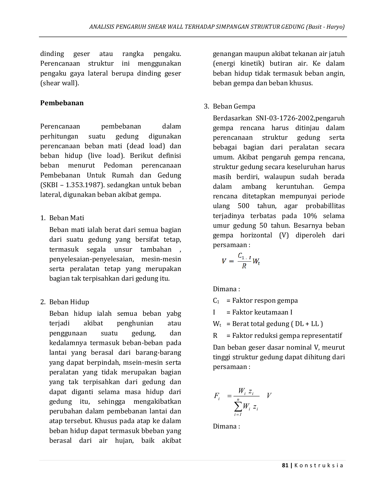JURIS Analisis Pengaruh Shear Wall Terhadap Simpangan Struktur Gedung